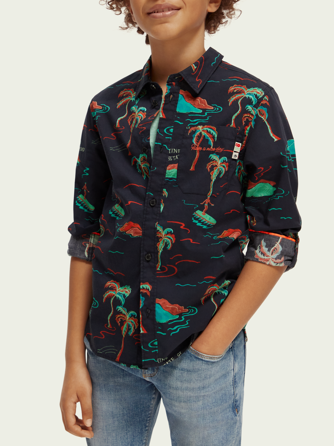 Printed Button-Down Shirt With Sleeve-Adjustment