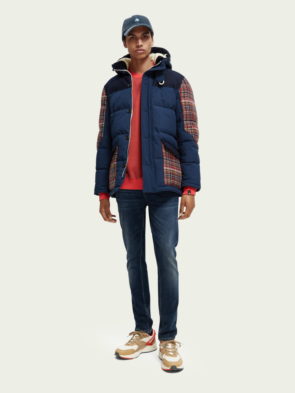 Water-Repellent Check-Panelled Puffer Jacket | Scotch And Soda Outlet