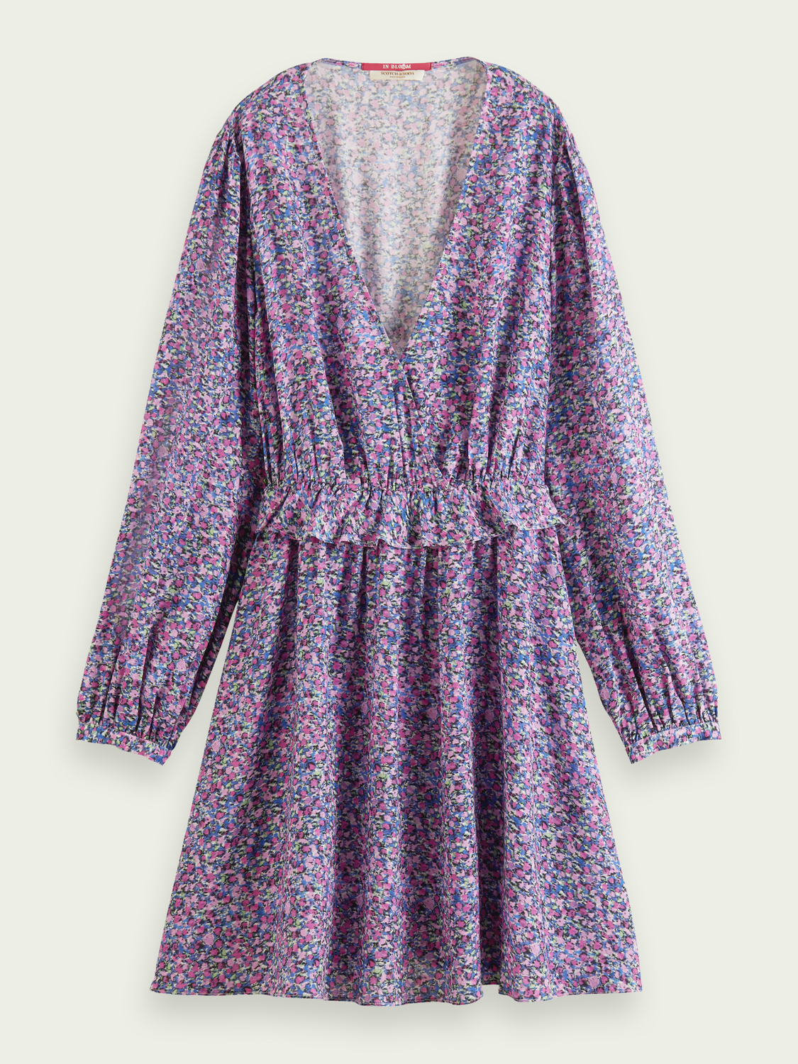 Long-Sleeved Printed V-Neck Mini Dress