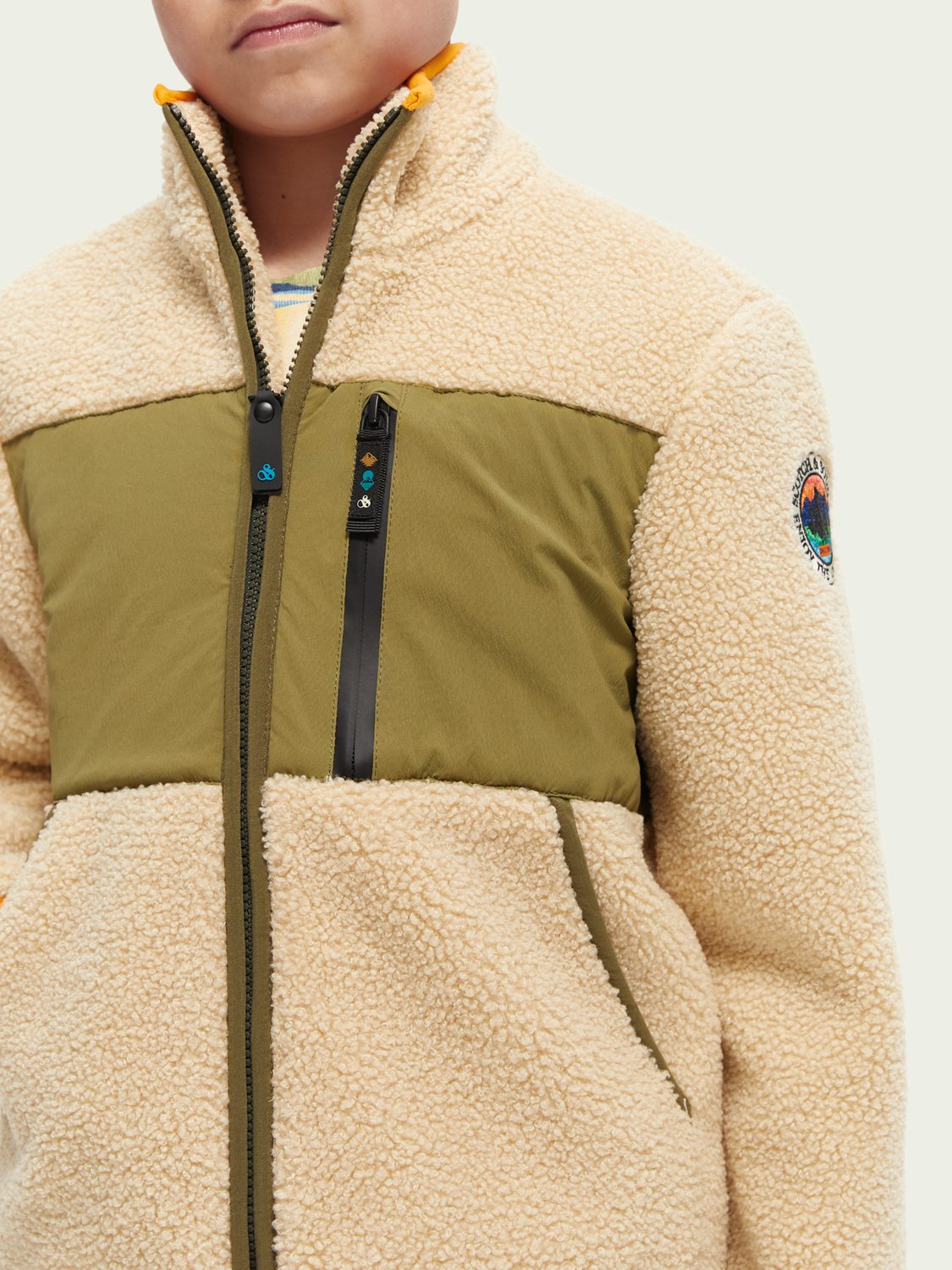 Contrast Panelled Zip-Through Teddy Jacket