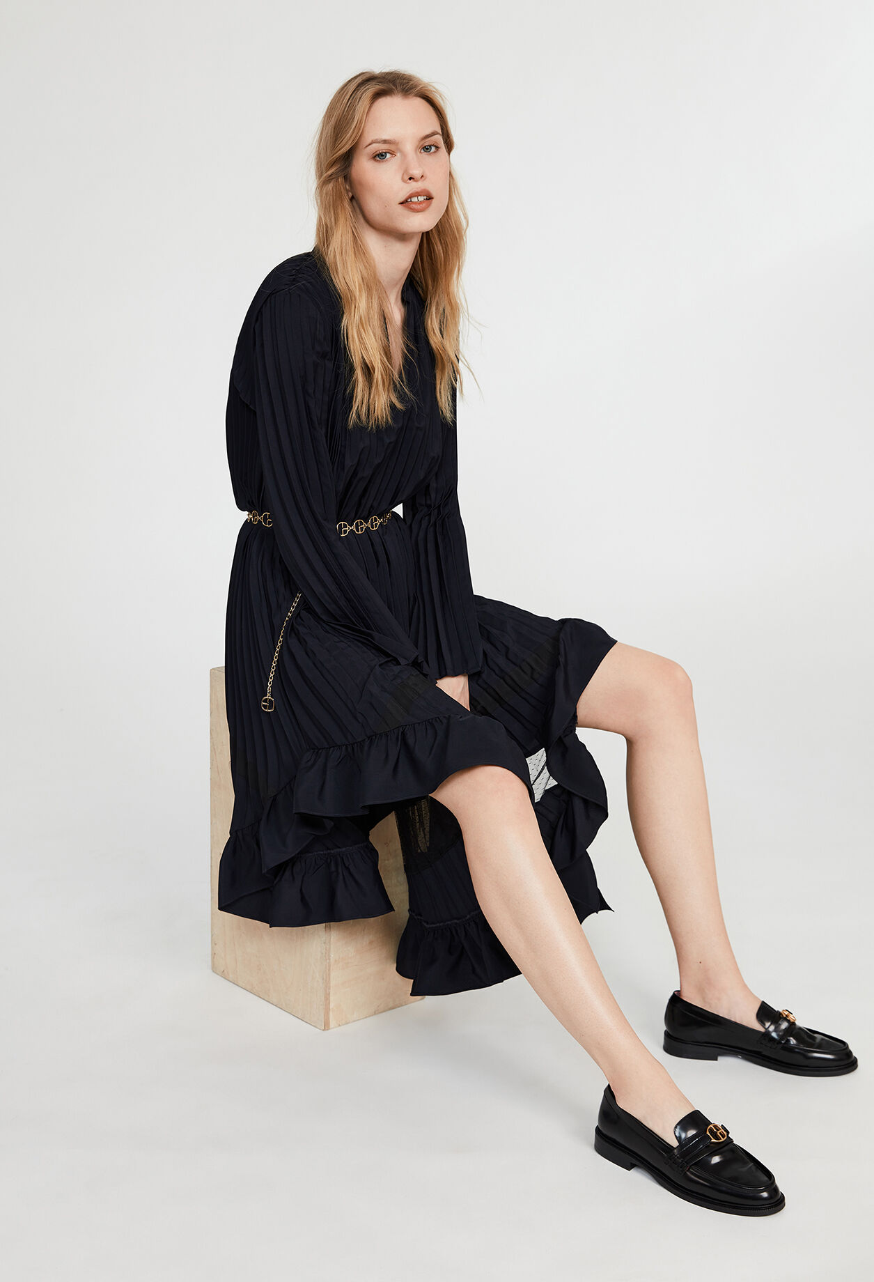 Pleated dress with frill NAVY