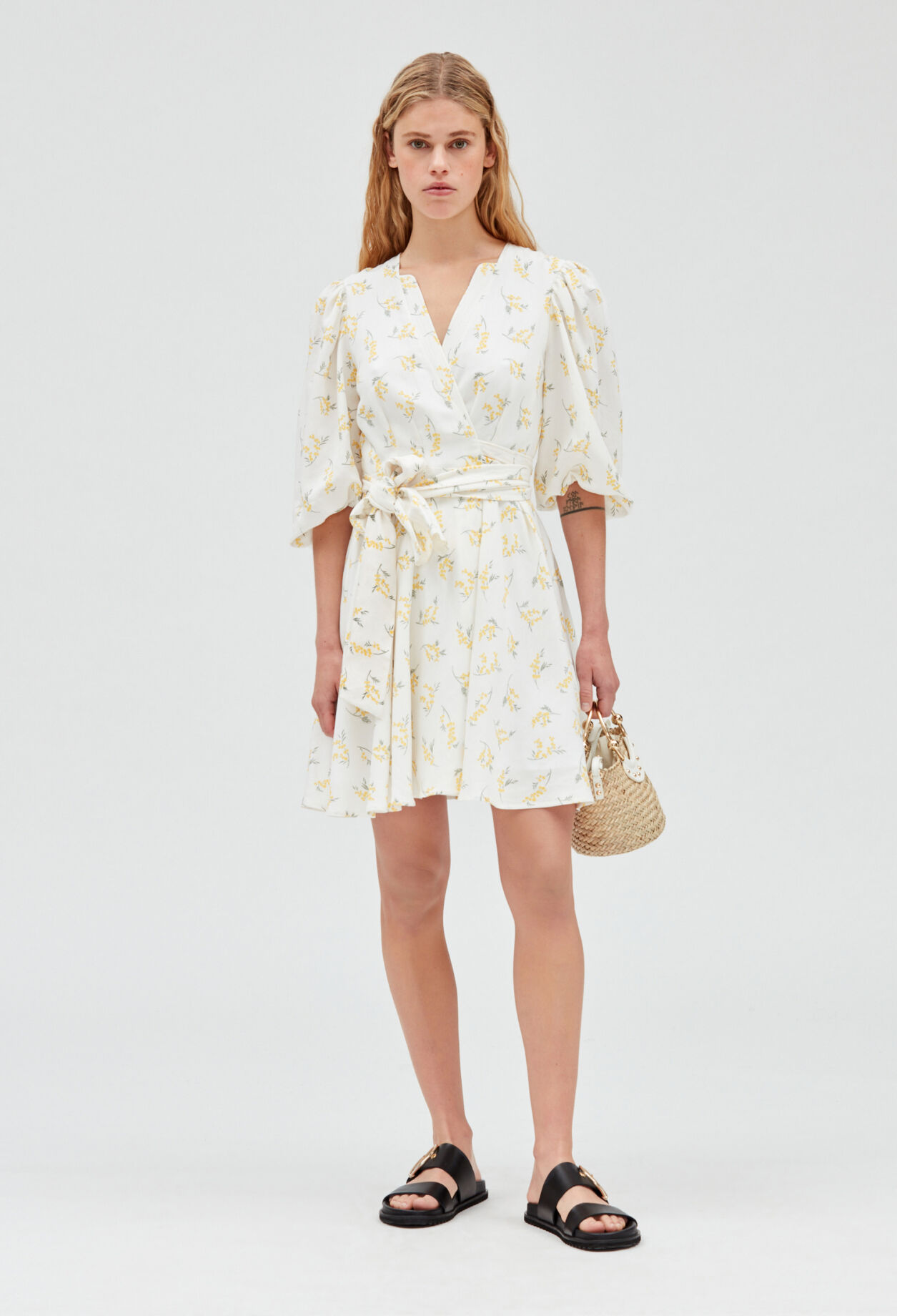 Short wraparound dress mimosa pattern LIGHT PRINT