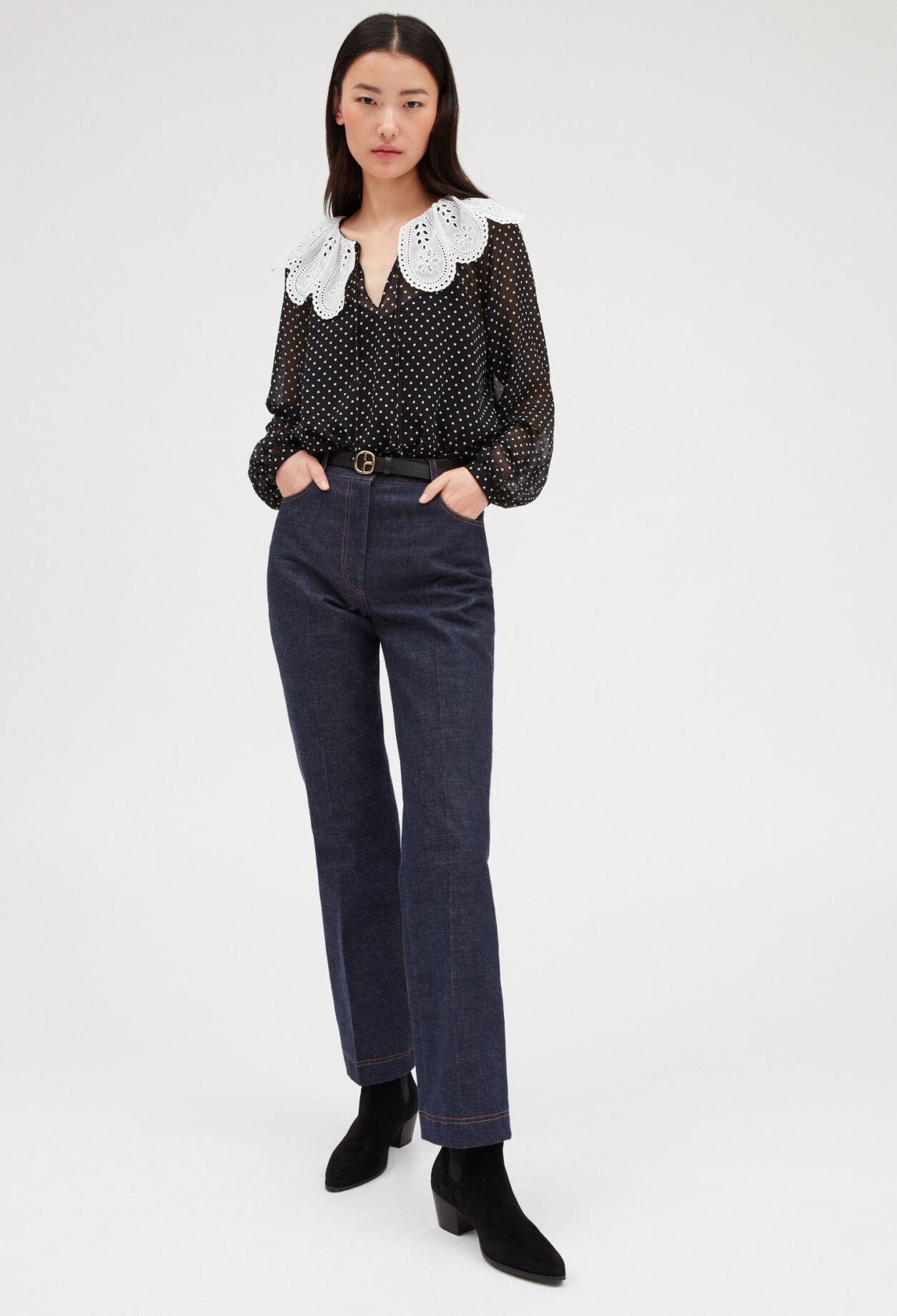 Polka dot blouse with Claudine collar DARK PRINT