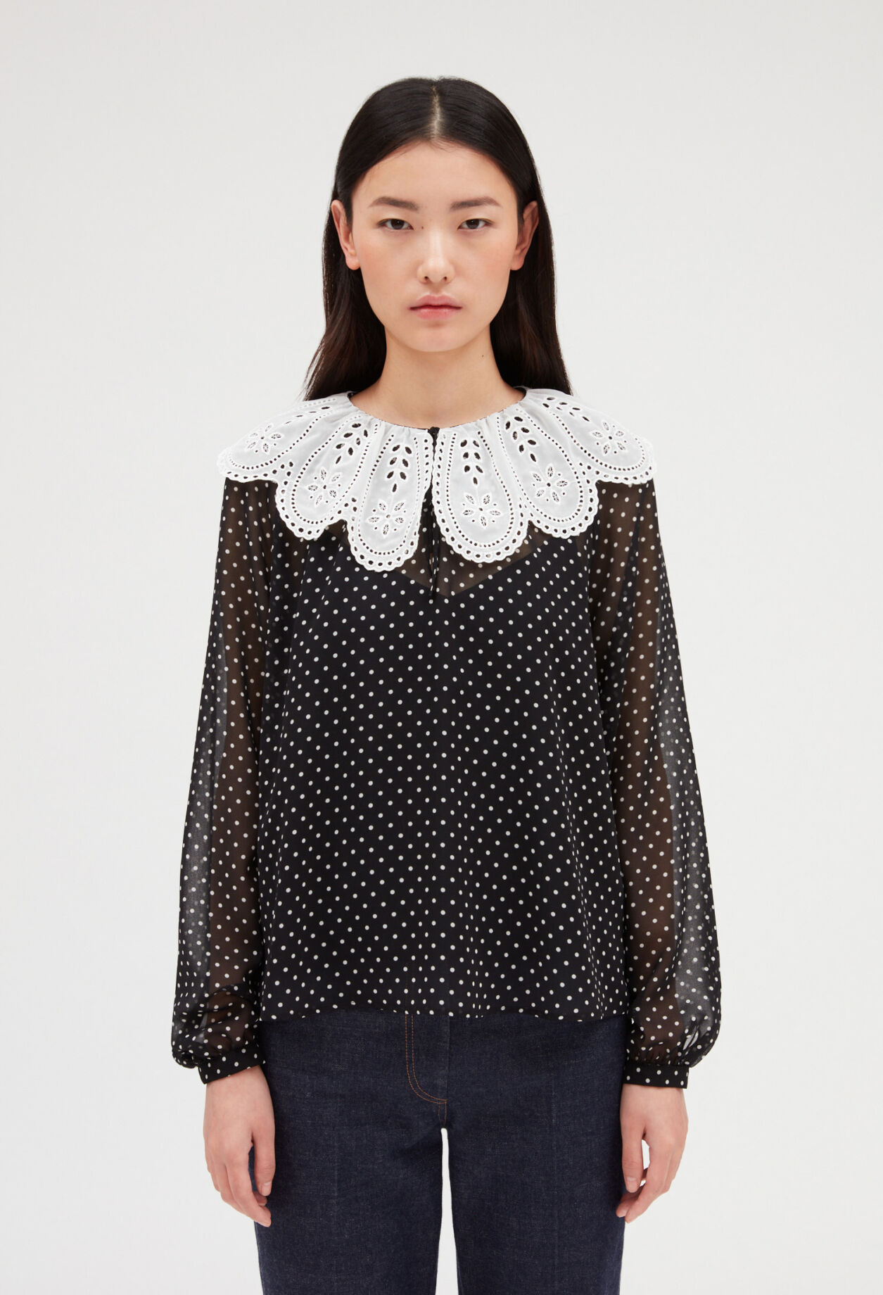 Polka dot blouse with Claudine collar DARK PRINT