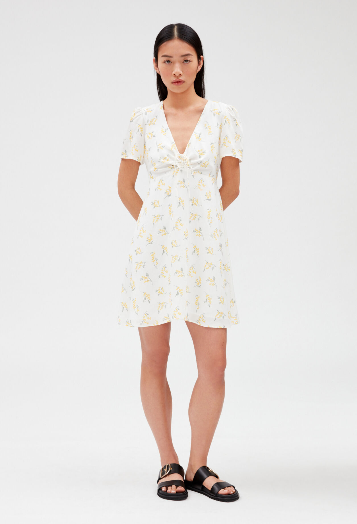 Short flared dress with mimosa pattern LIGHT PRINT