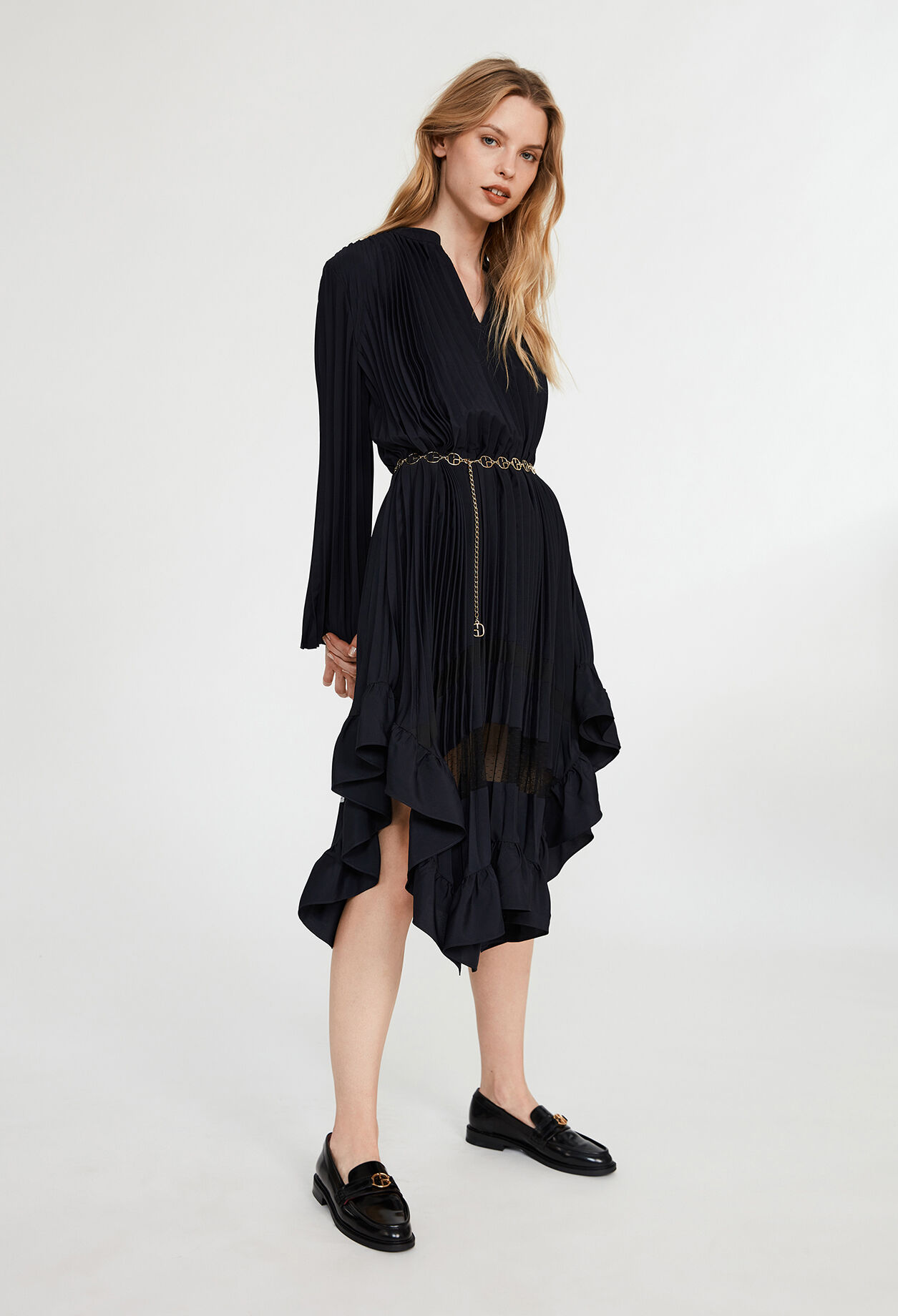 Pleated dress with frill NAVY