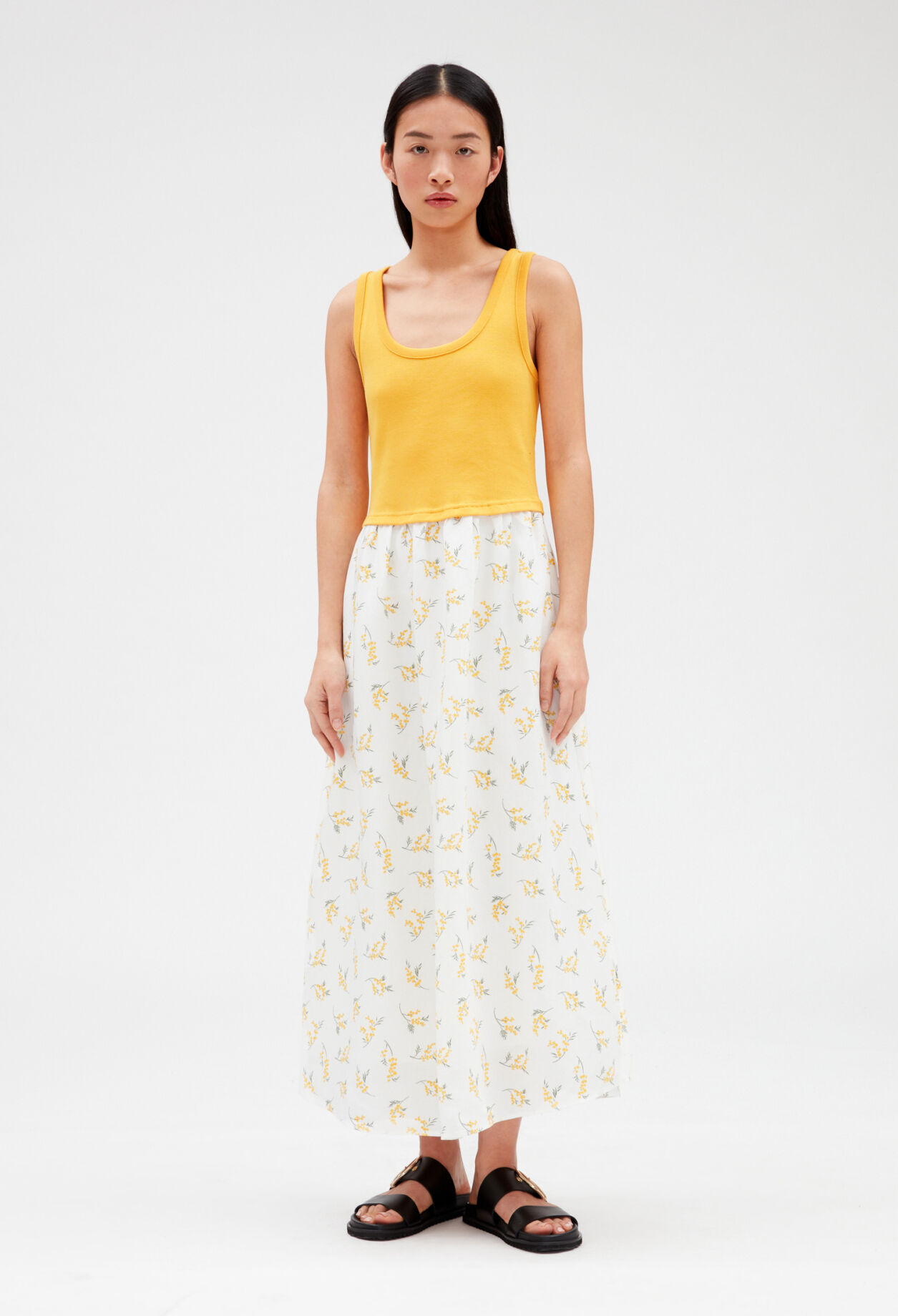 Bi-material mimosa midi-dress LIGHT PRINT