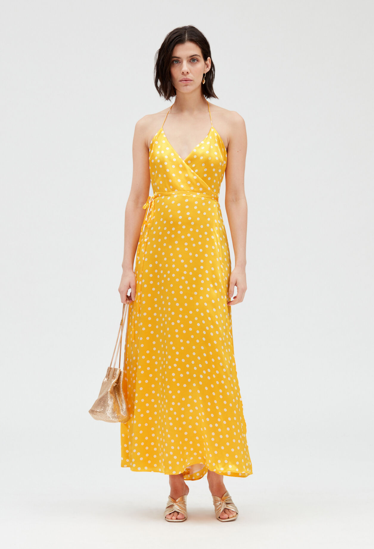 Long yellow silk wraparound dress. LIGHT PRINT