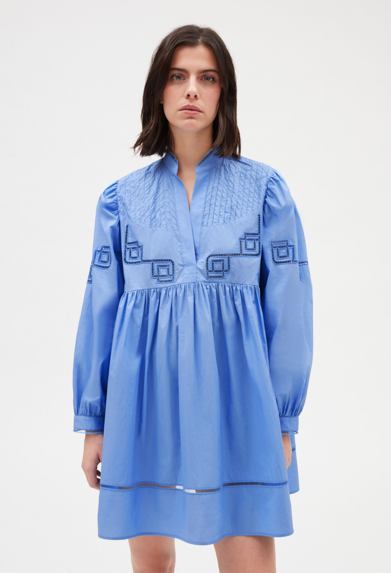 Embroidered blue cotton mini dress BLUE