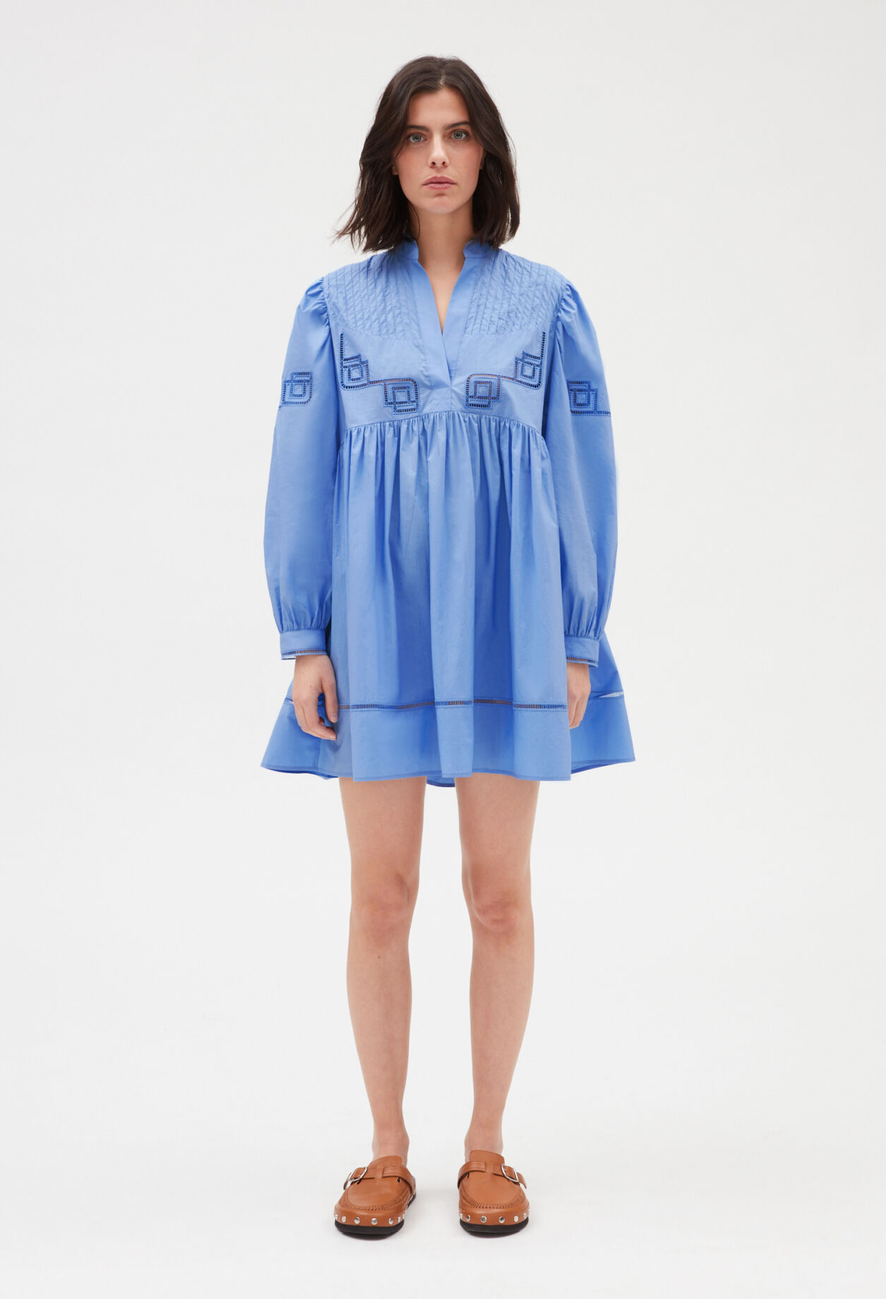 Embroidered blue cotton mini dress BLUE