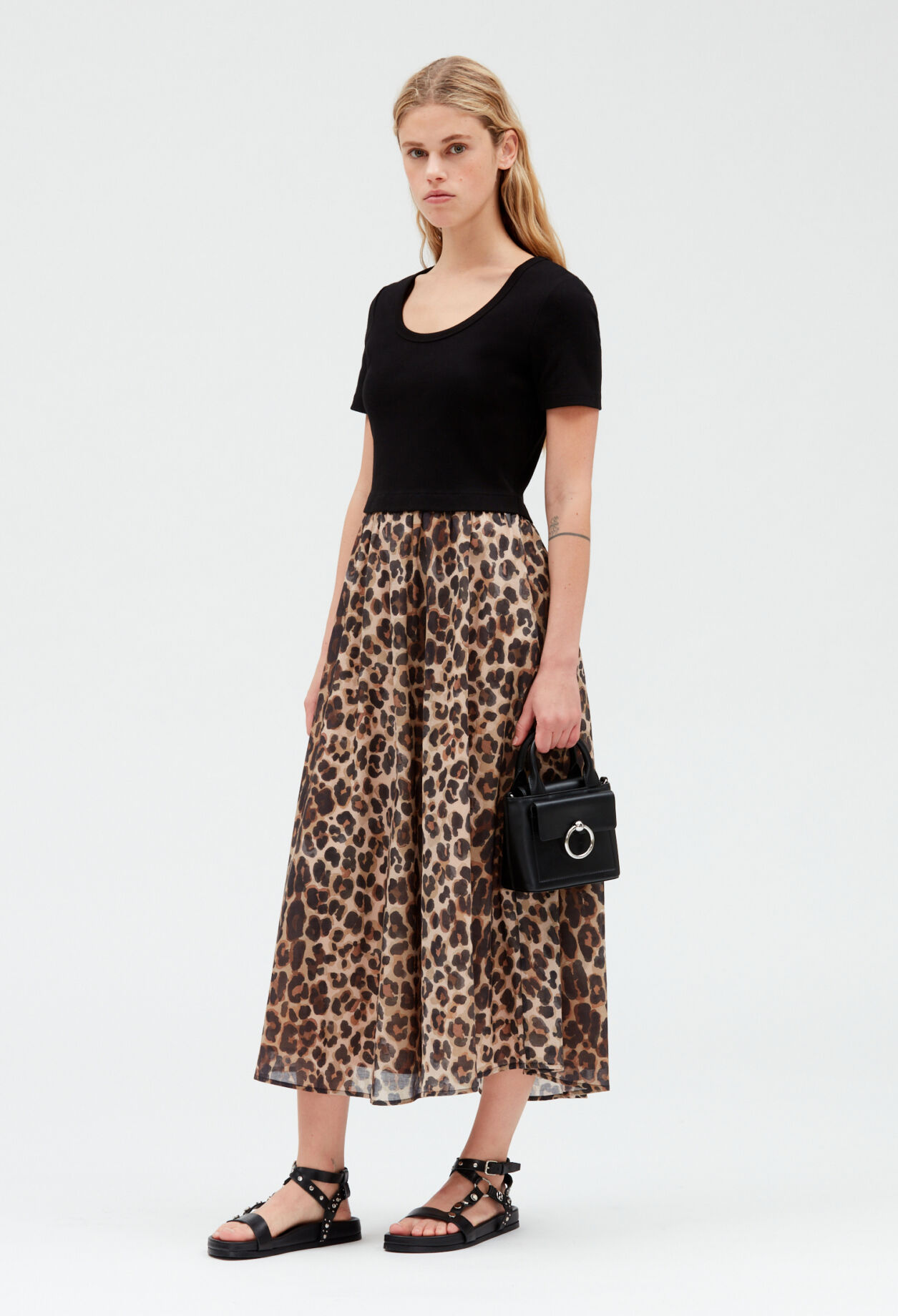 Bi-material leopard midi-dress MULTICOLORED
