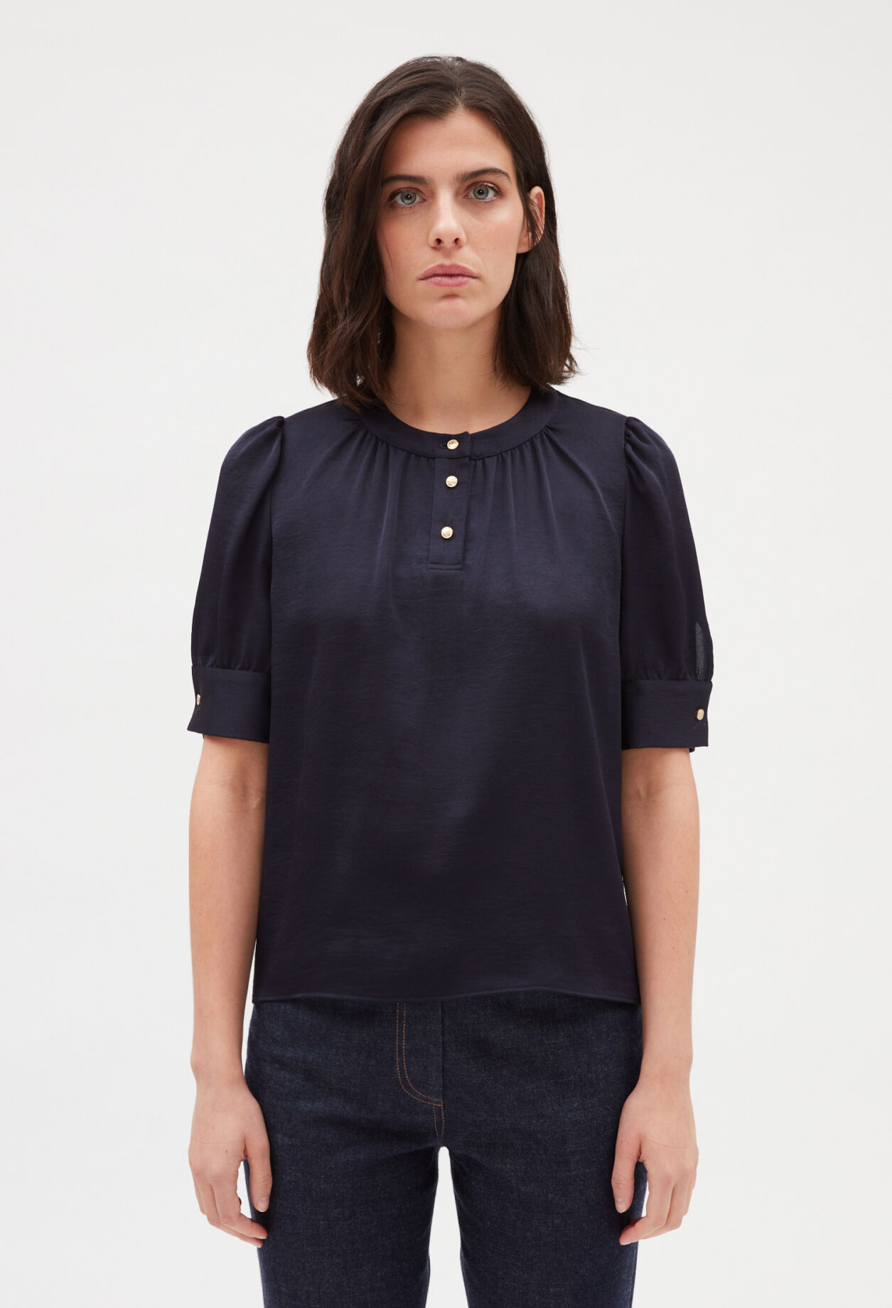 Navy blue short-sleeved blouse NAVY