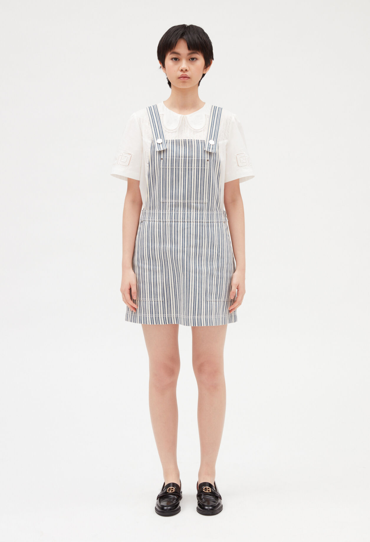 Short denim striped dungaree dress DUAL-COLOR