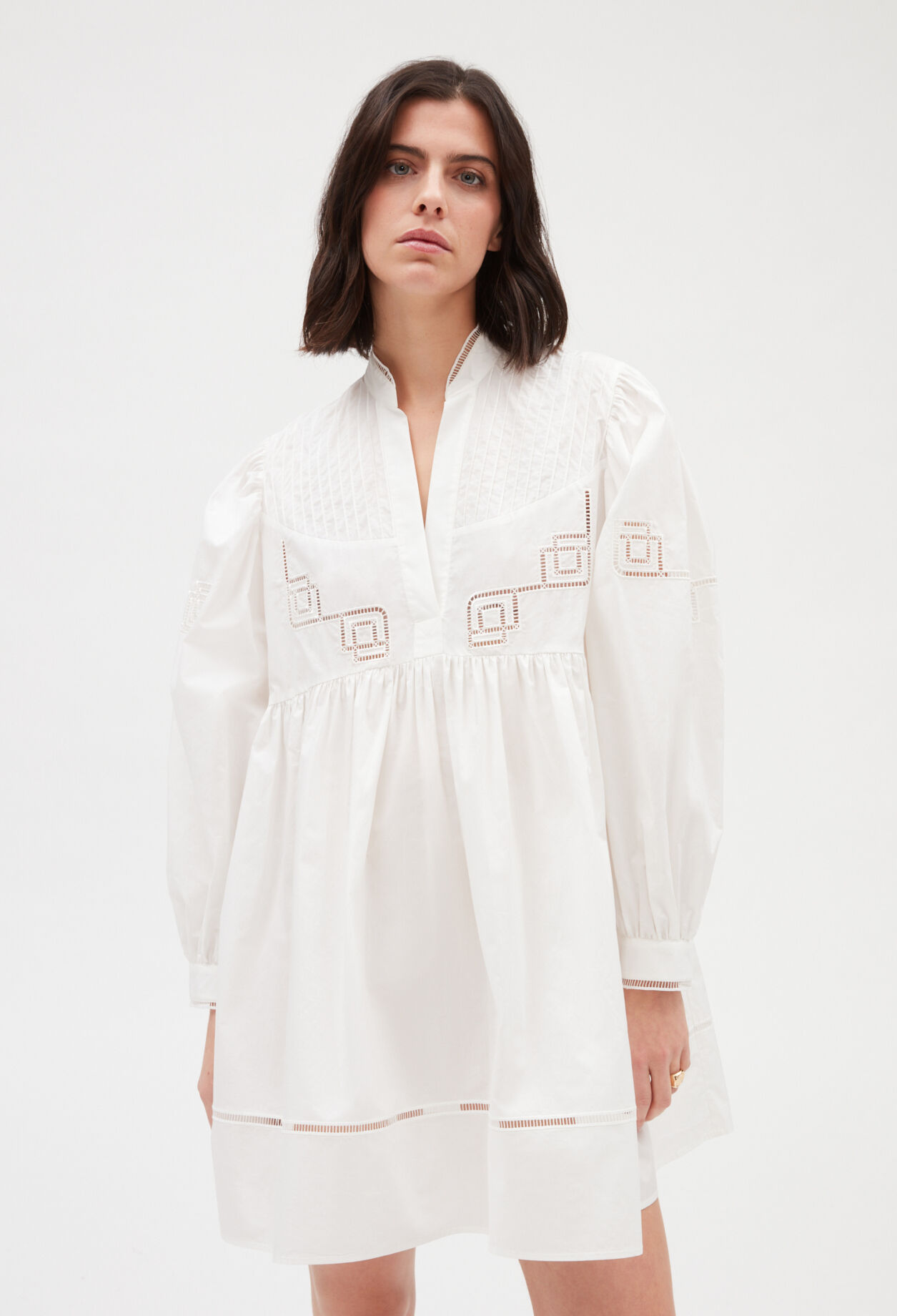 Embroidered white cotton mini dress WHITE