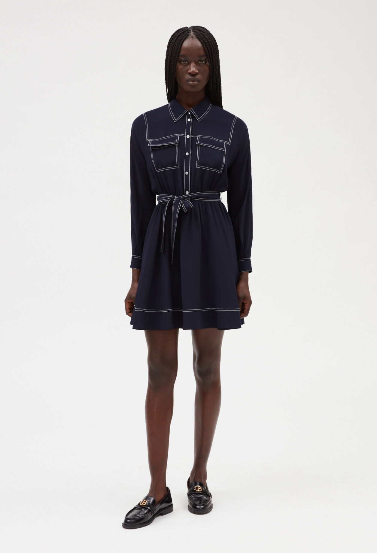 Blue silk long-sleeved short dress INK