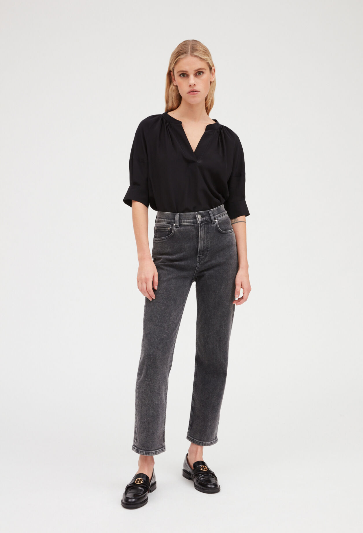 Black silk short sleeve blouse BLACK