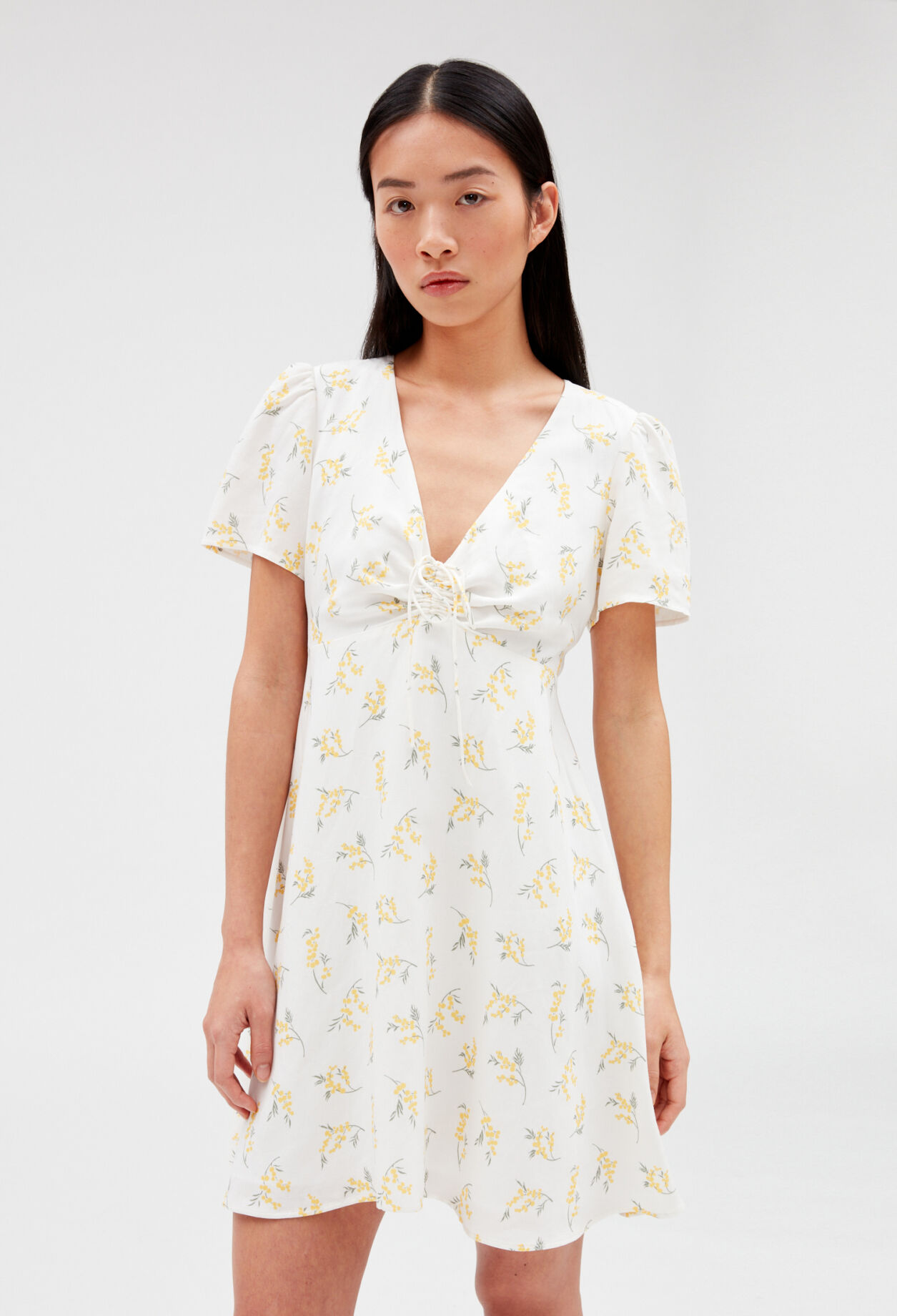 Short flared dress with mimosa pattern LIGHT PRINT