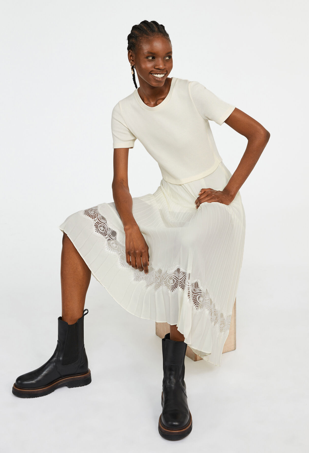 Teli ivory bi-material midi dress IVORY