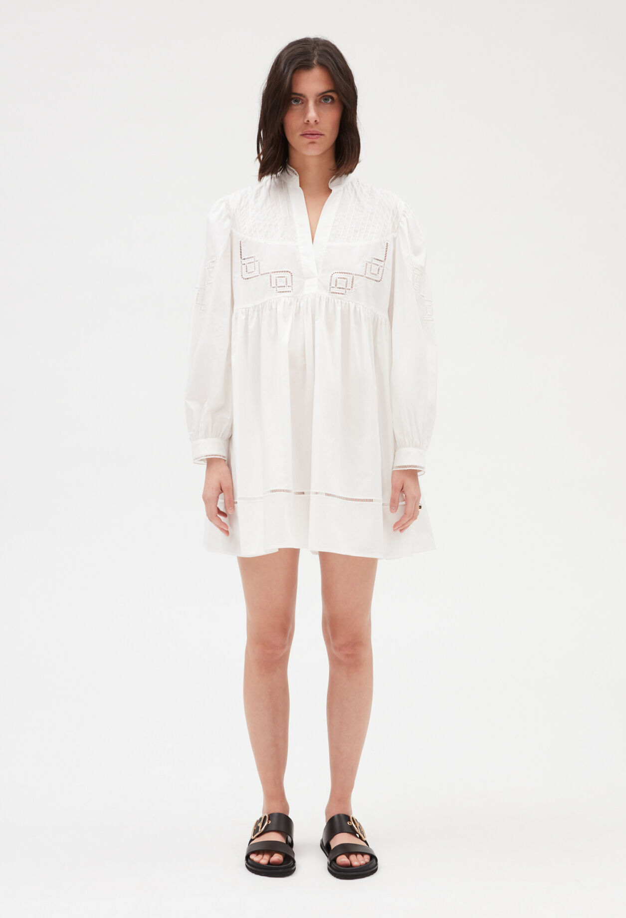 Embroidered white cotton mini dress WHITE