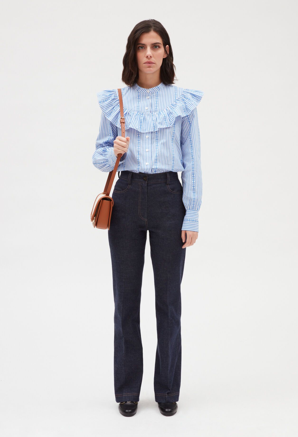 Blue long-sleeved ruffle shirt LIGHT PRINT