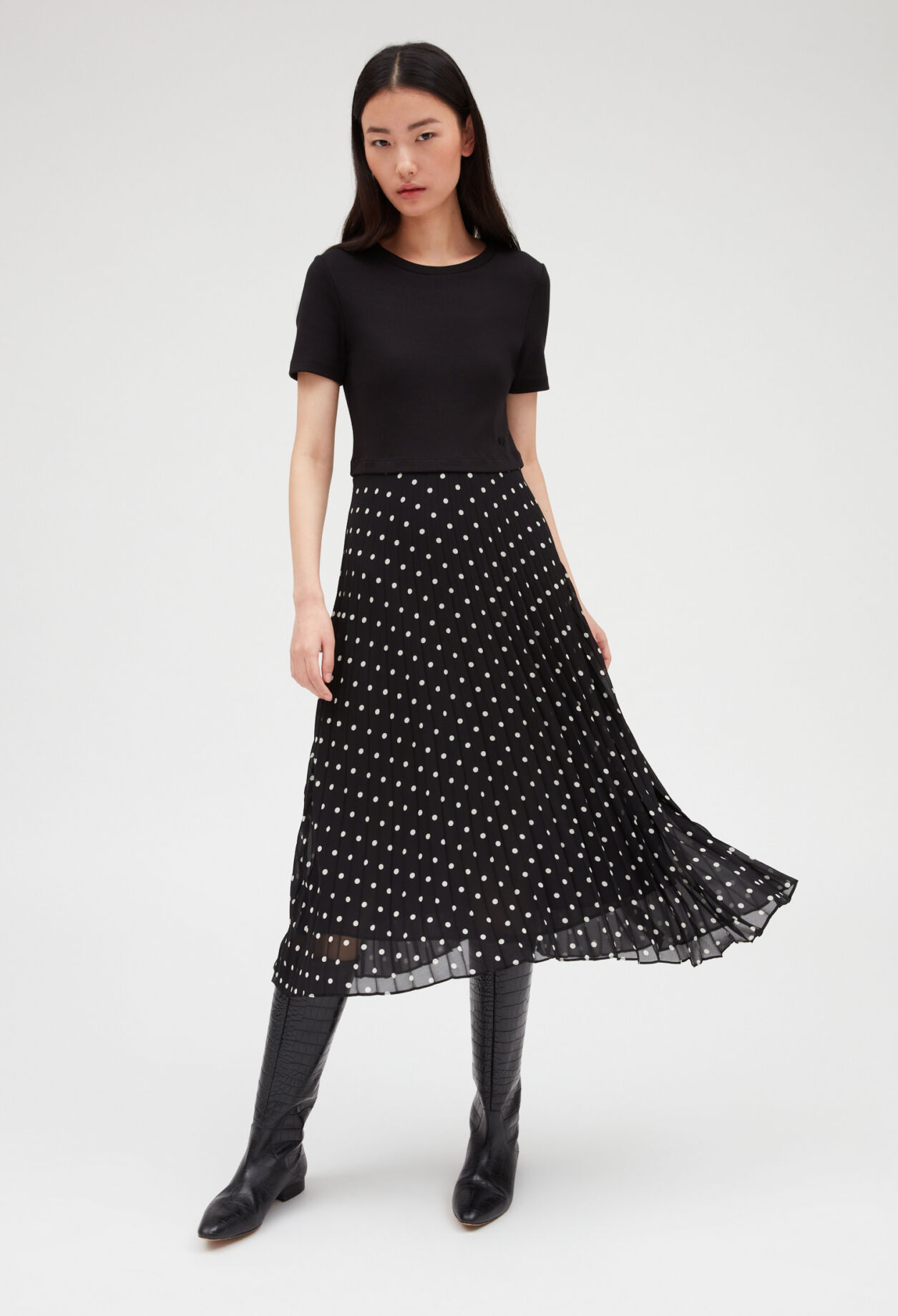 Two tone mid-length polka dot dress DUAL-COLOR