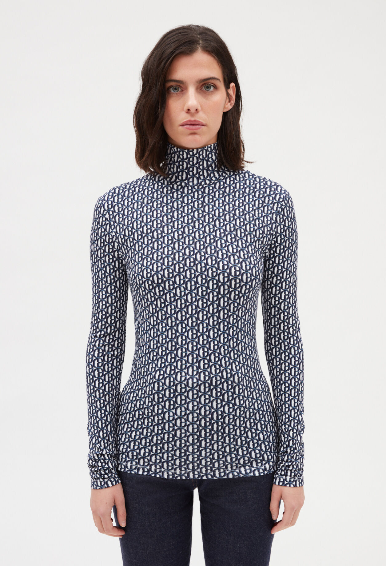 Monogrammed blue roll-neck T-shirt LIGHT PRINT