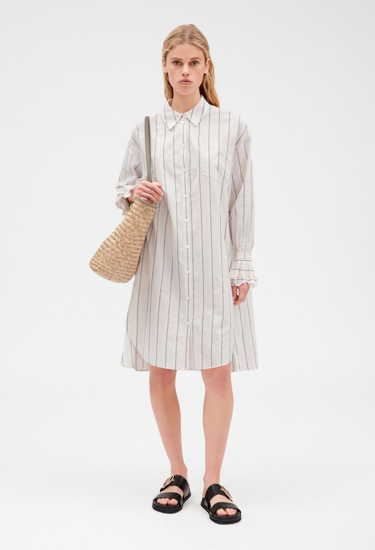 Cotton and linen blend midi shirt dress MULTICOLORED