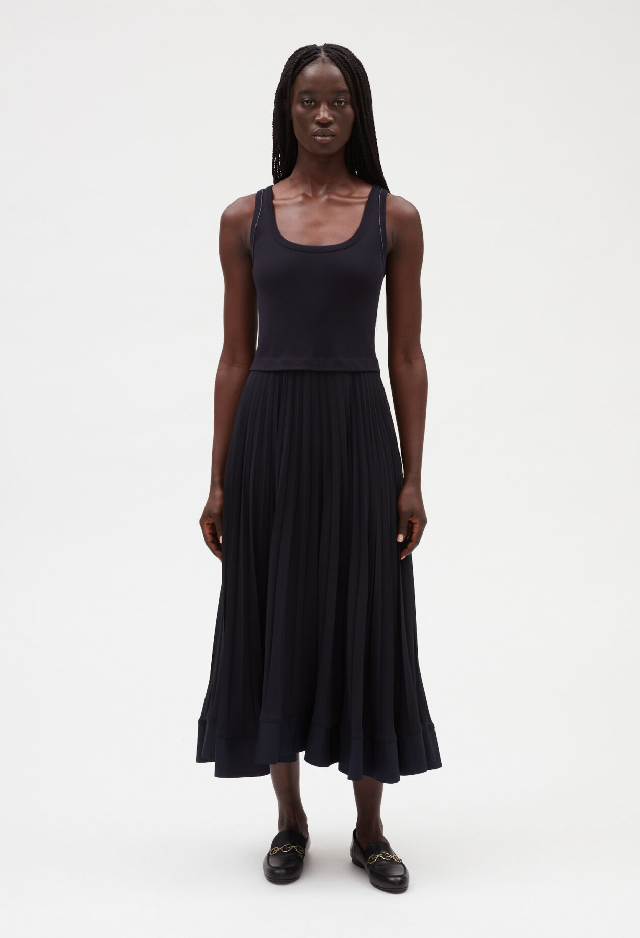 Navy blue long pleated dress DEEP NAVY