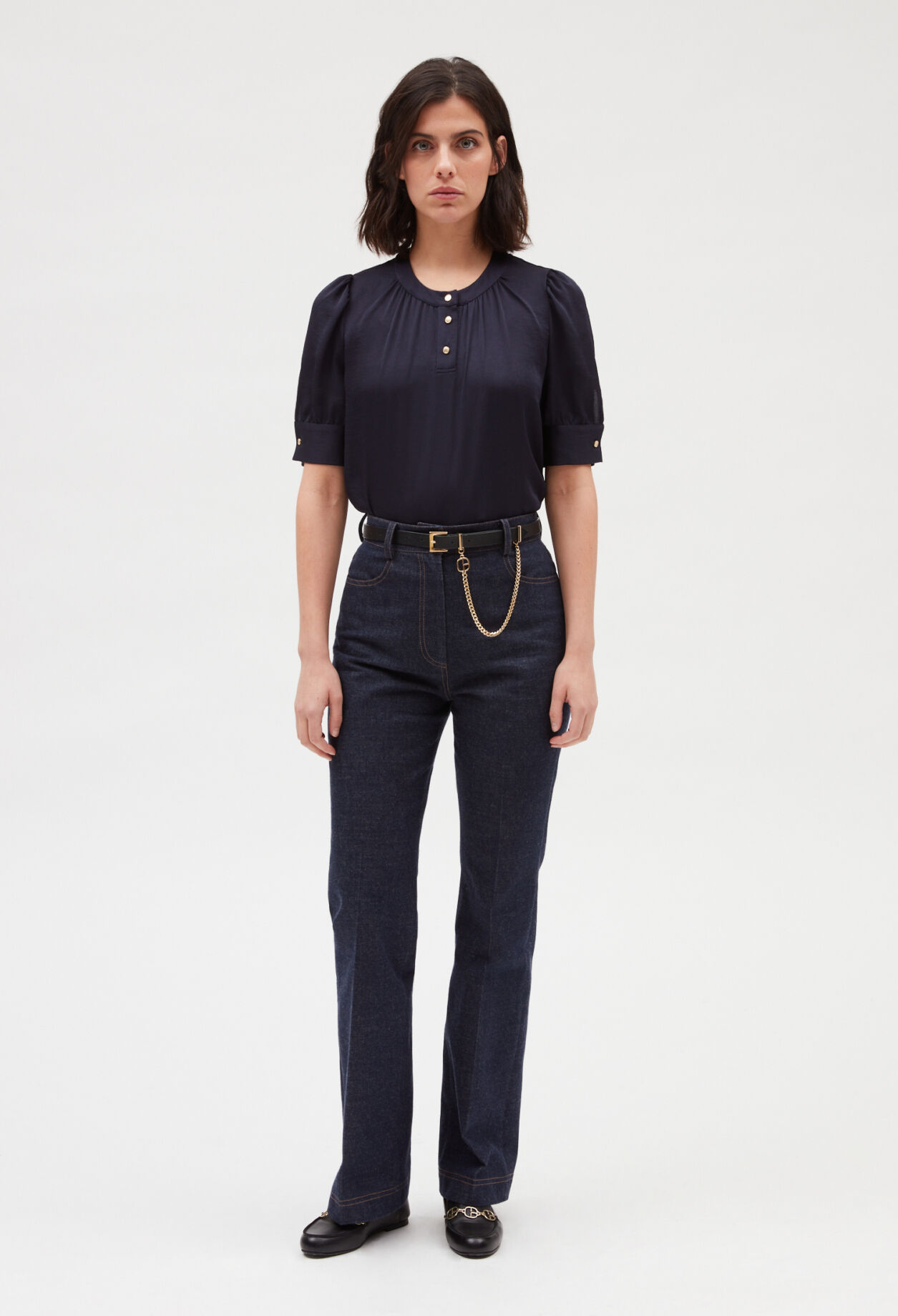 Navy blue short-sleeved blouse NAVY