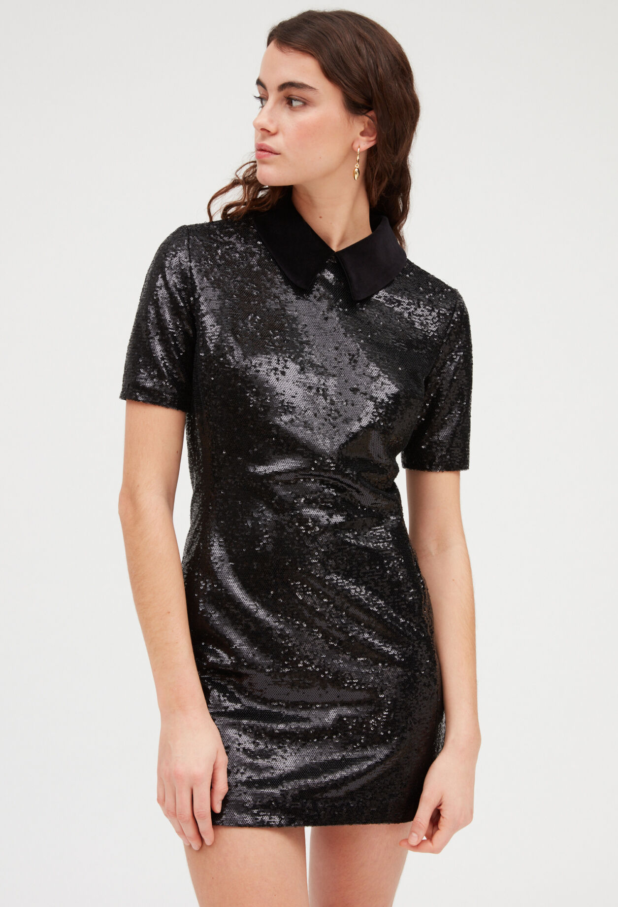 Sequin short dress black velvet collar BLACK