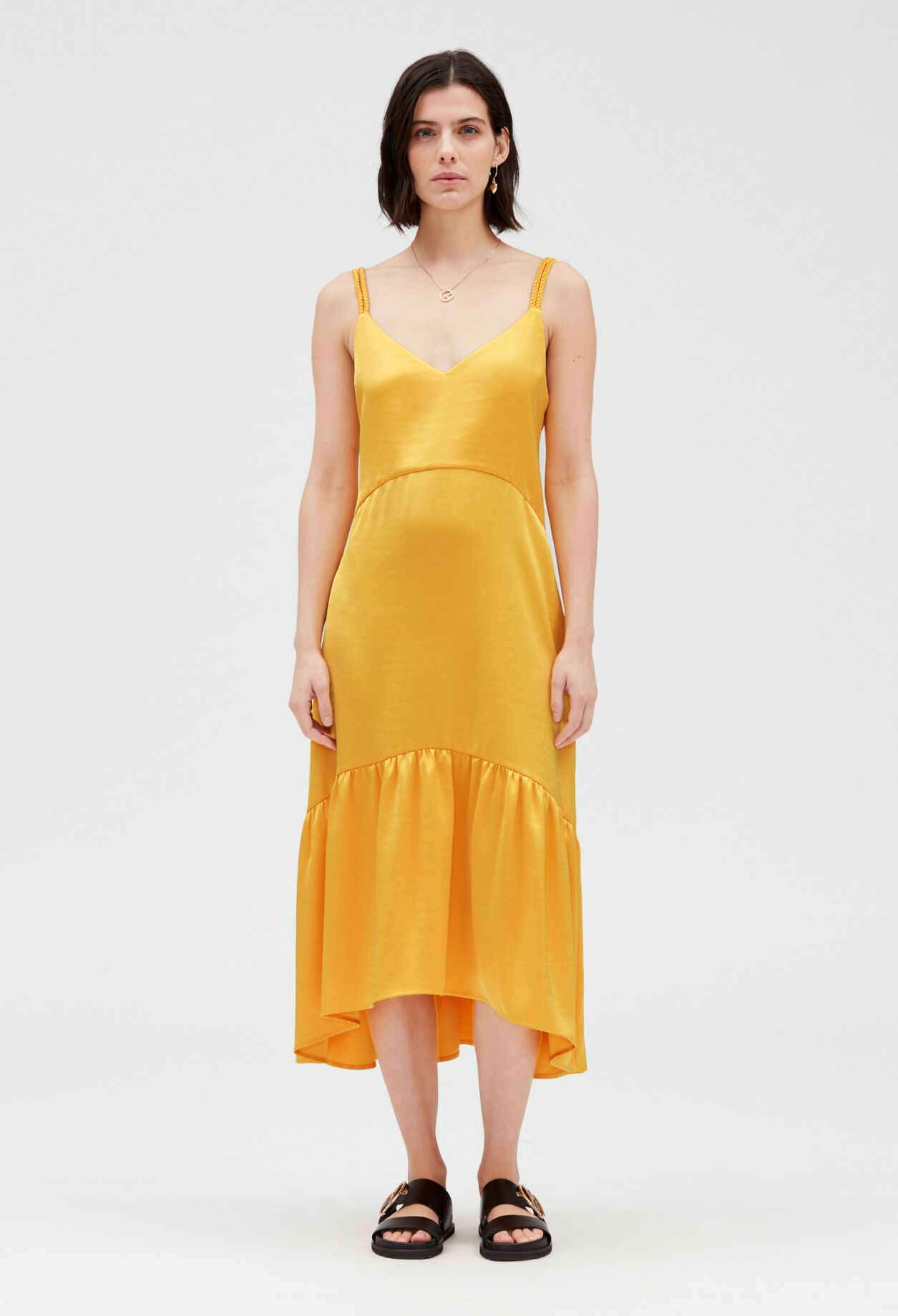 Satiny yellow midi dress MIMOSA