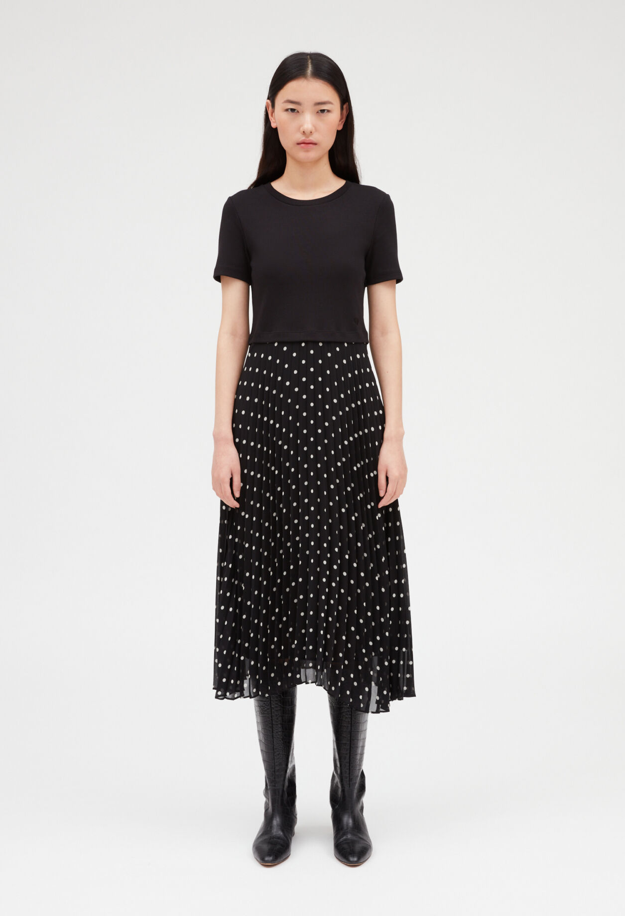 Two tone mid-length polka dot dress DUAL-COLOR