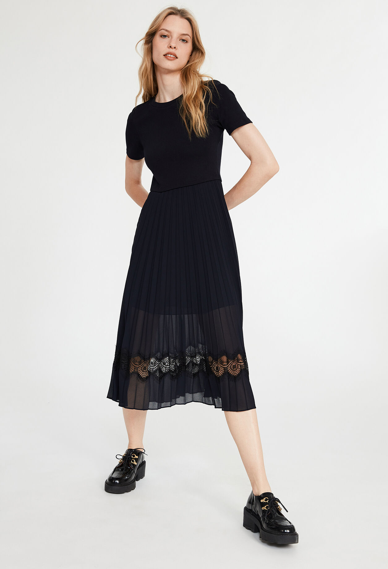 Teli black navy bi-material midi dress DUAL-COLOR