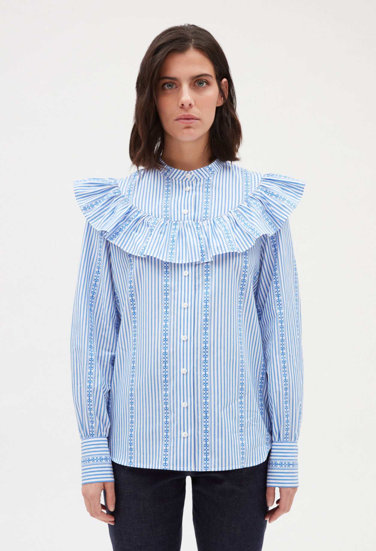 Blue long-sleeved ruffle shirt LIGHT PRINT
