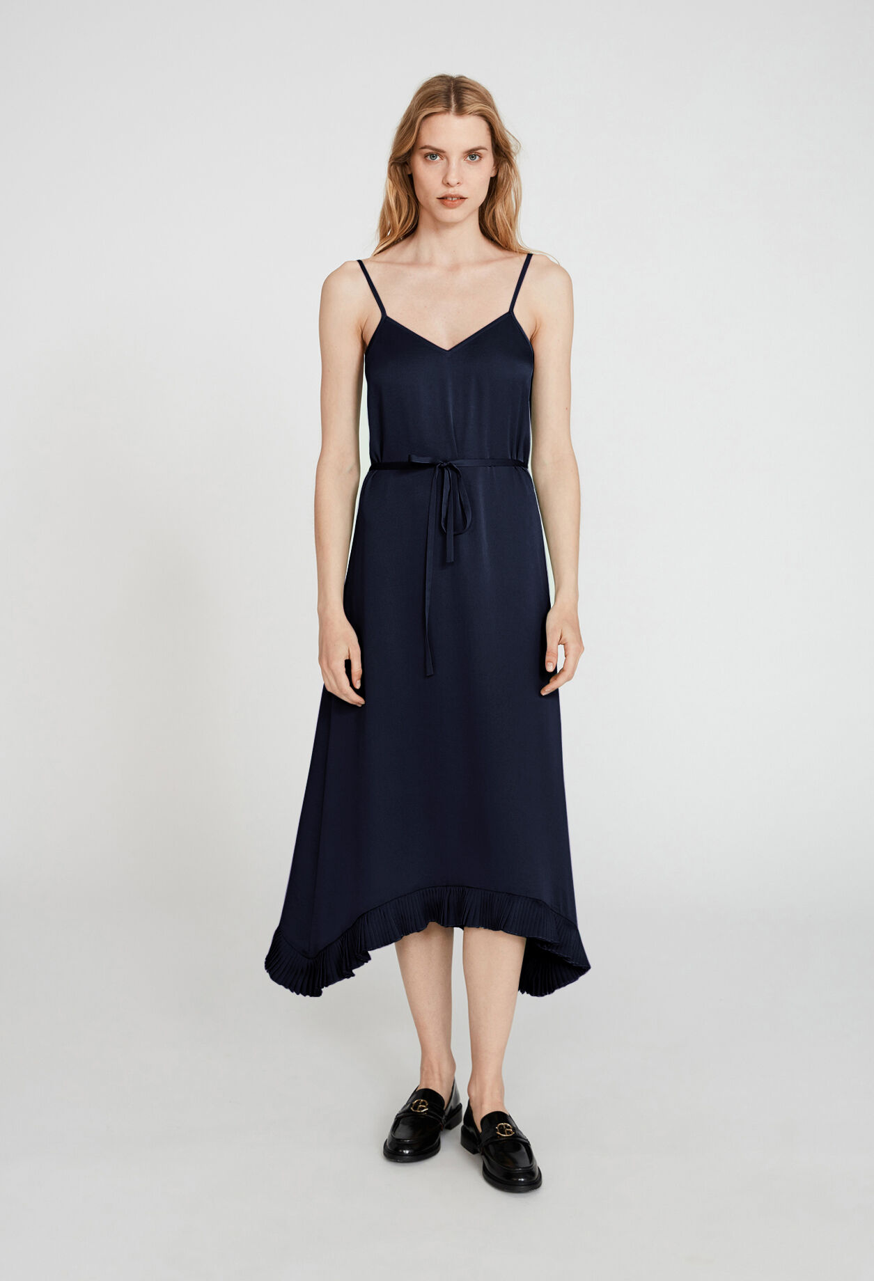 Flared navy dress with straps NAVY