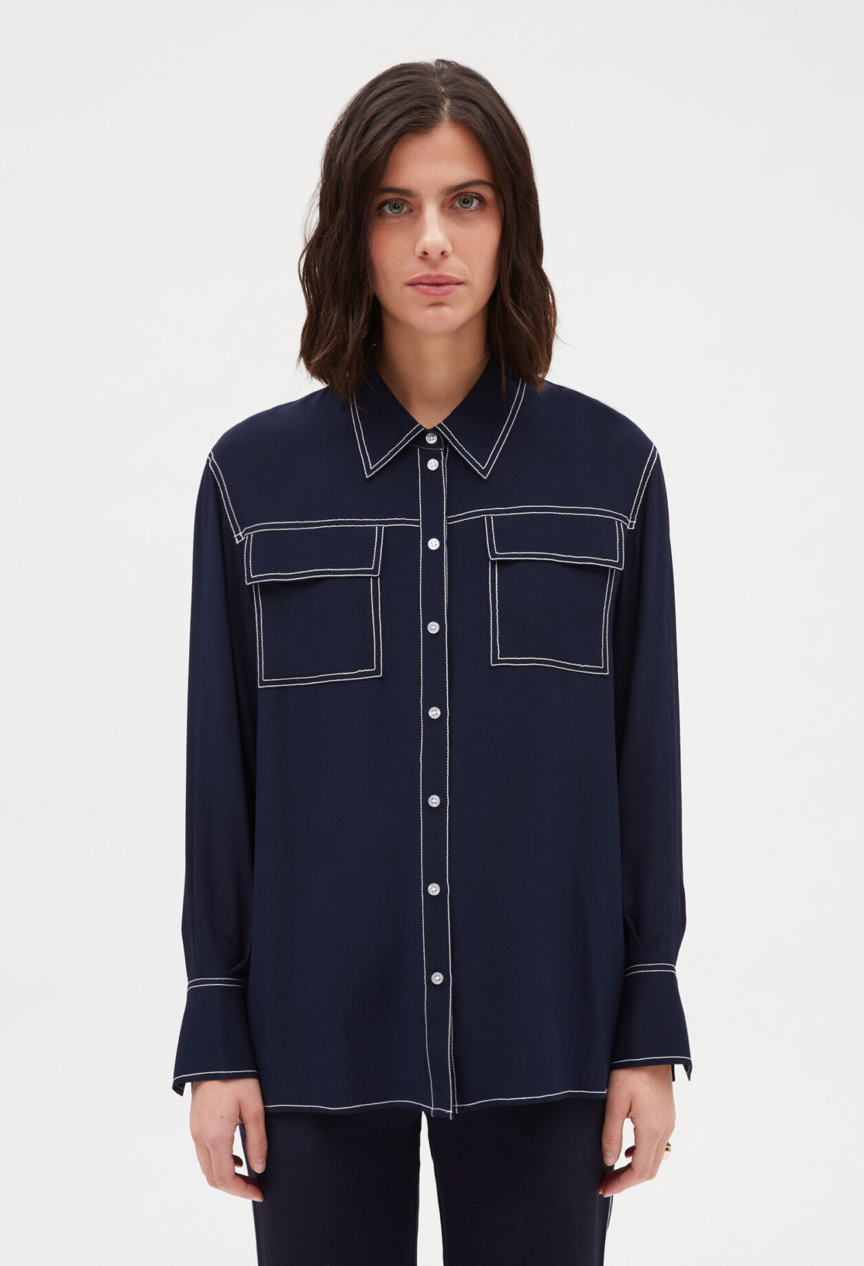 Blue silk long-sleeved shirt INK