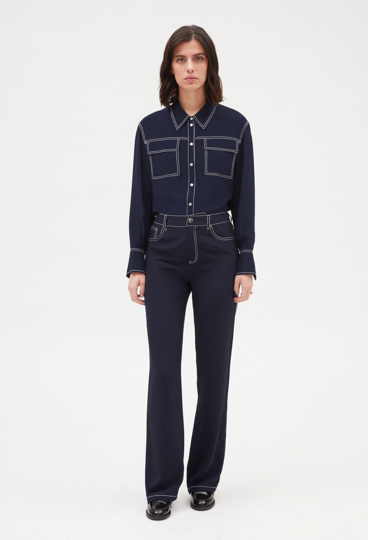 Blue silk long-sleeved shirt INK