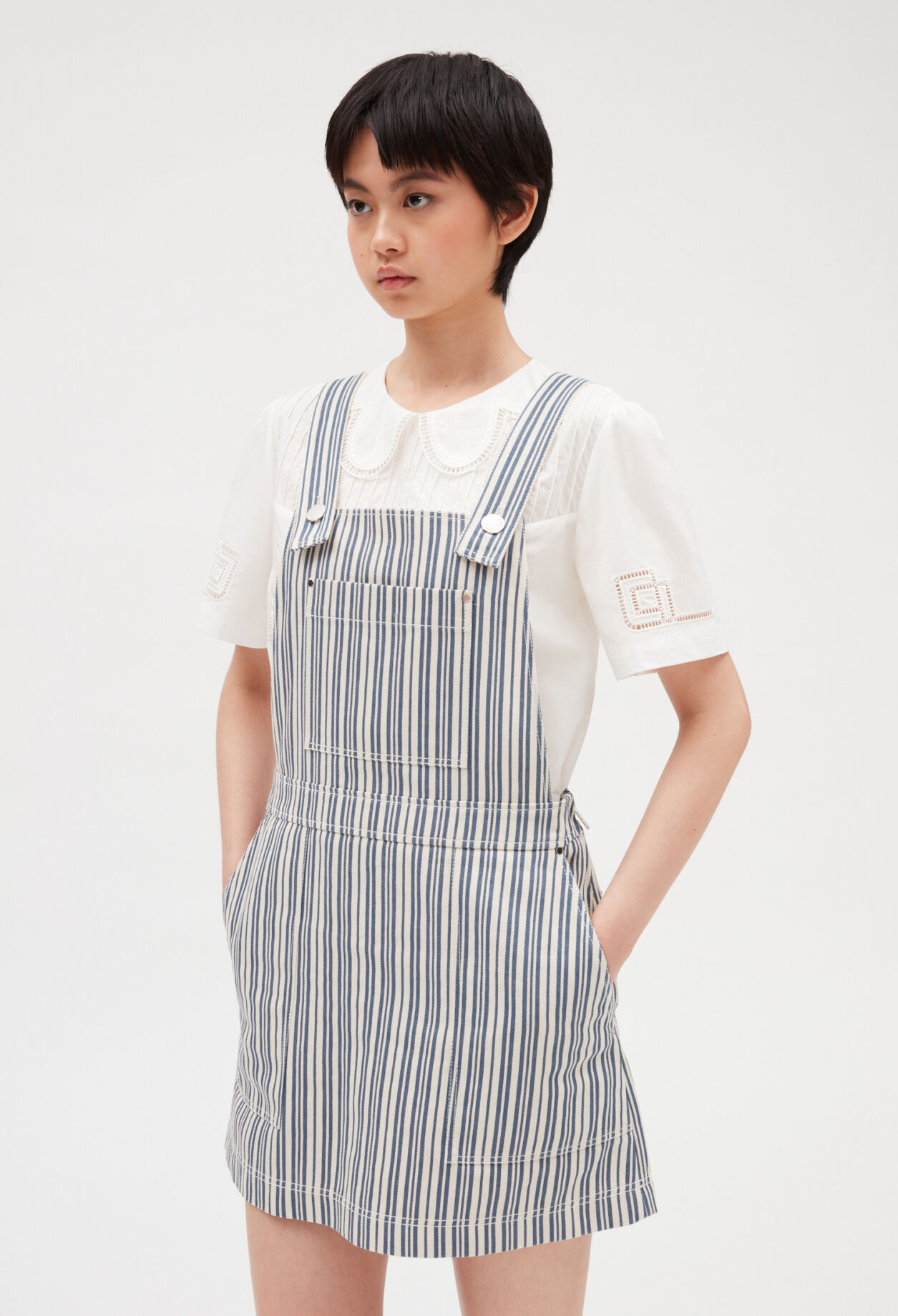 Short denim striped dungaree dress DUAL-COLOR