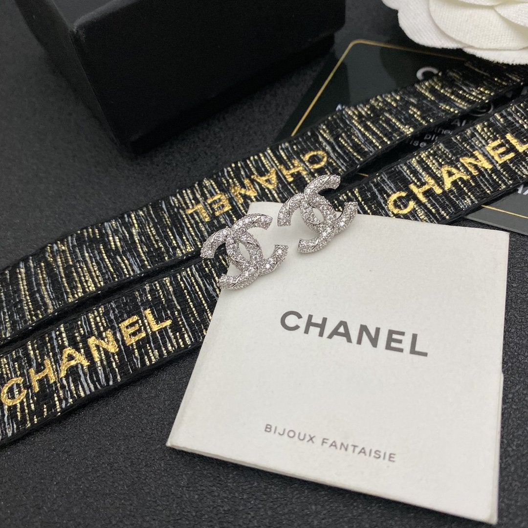 CHANEL Luxury Zircon Double C Stud Earrings