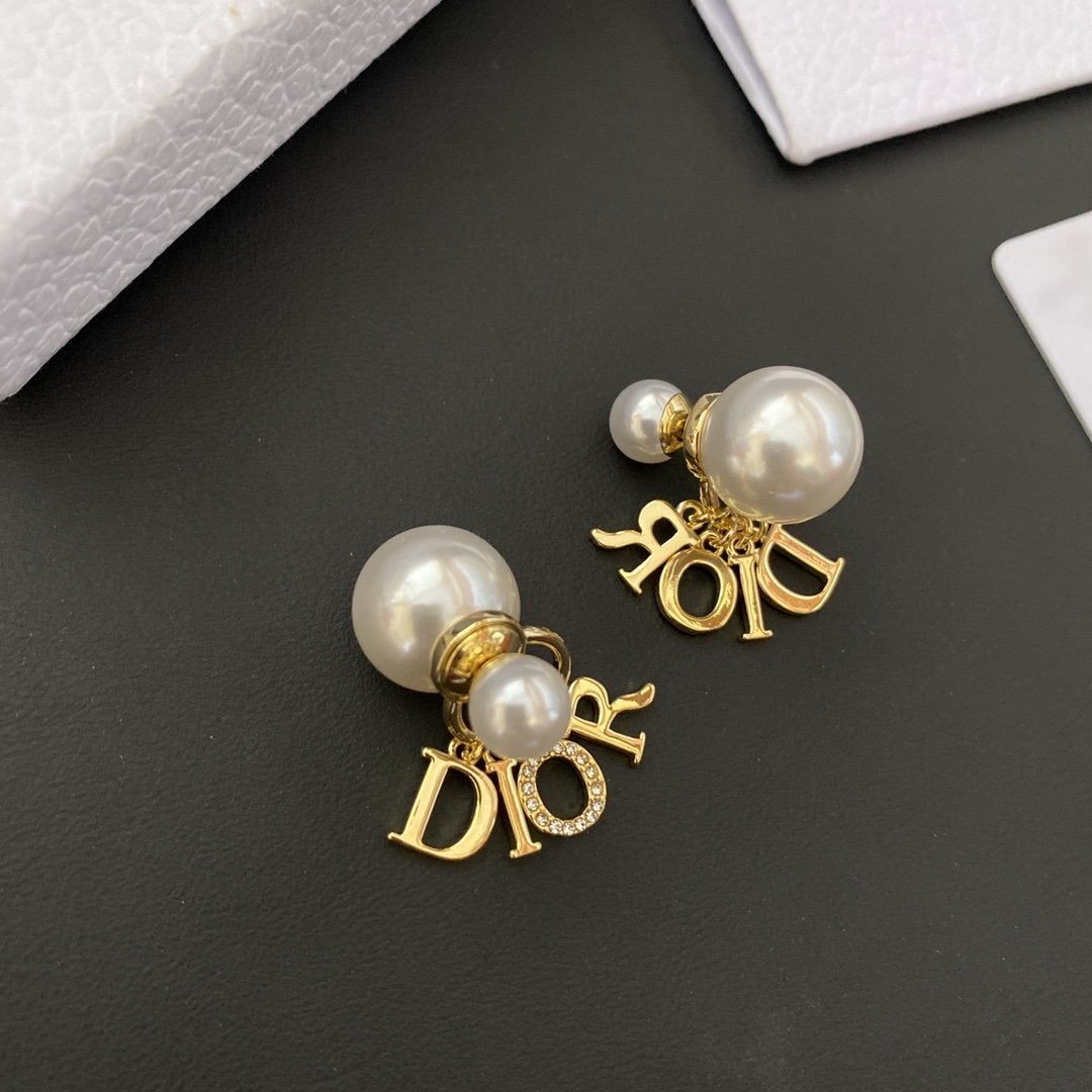 DIOR Fashion Pearl Rhinestone Letter Pendant Earrings