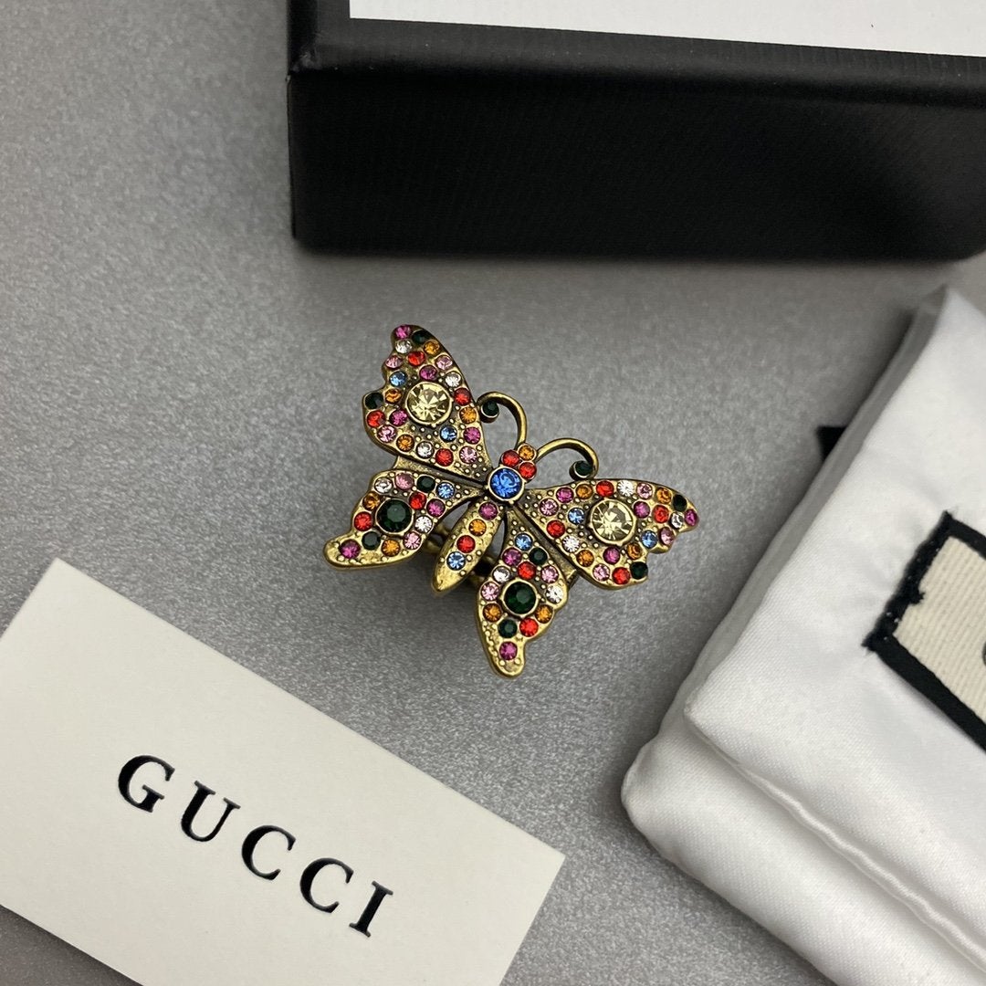 GUCCI Elegant Colorful Rhinestone Butterfly Open Ring