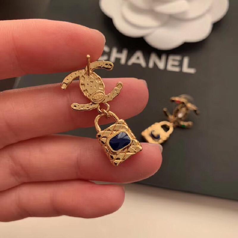 CHANEL Fashion Rhinestone Lock Earrings