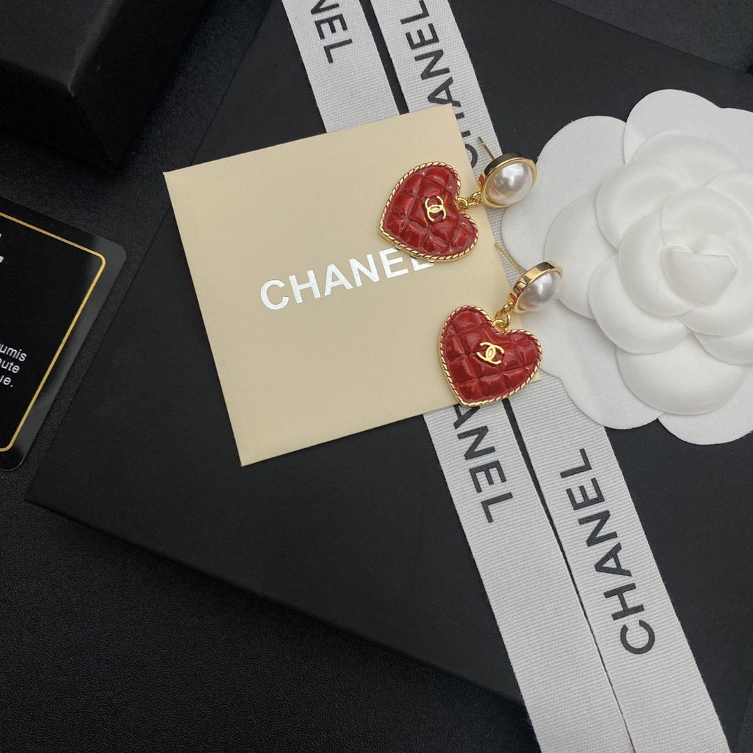 CHANEL Red Peach Heart Small C Earrings
