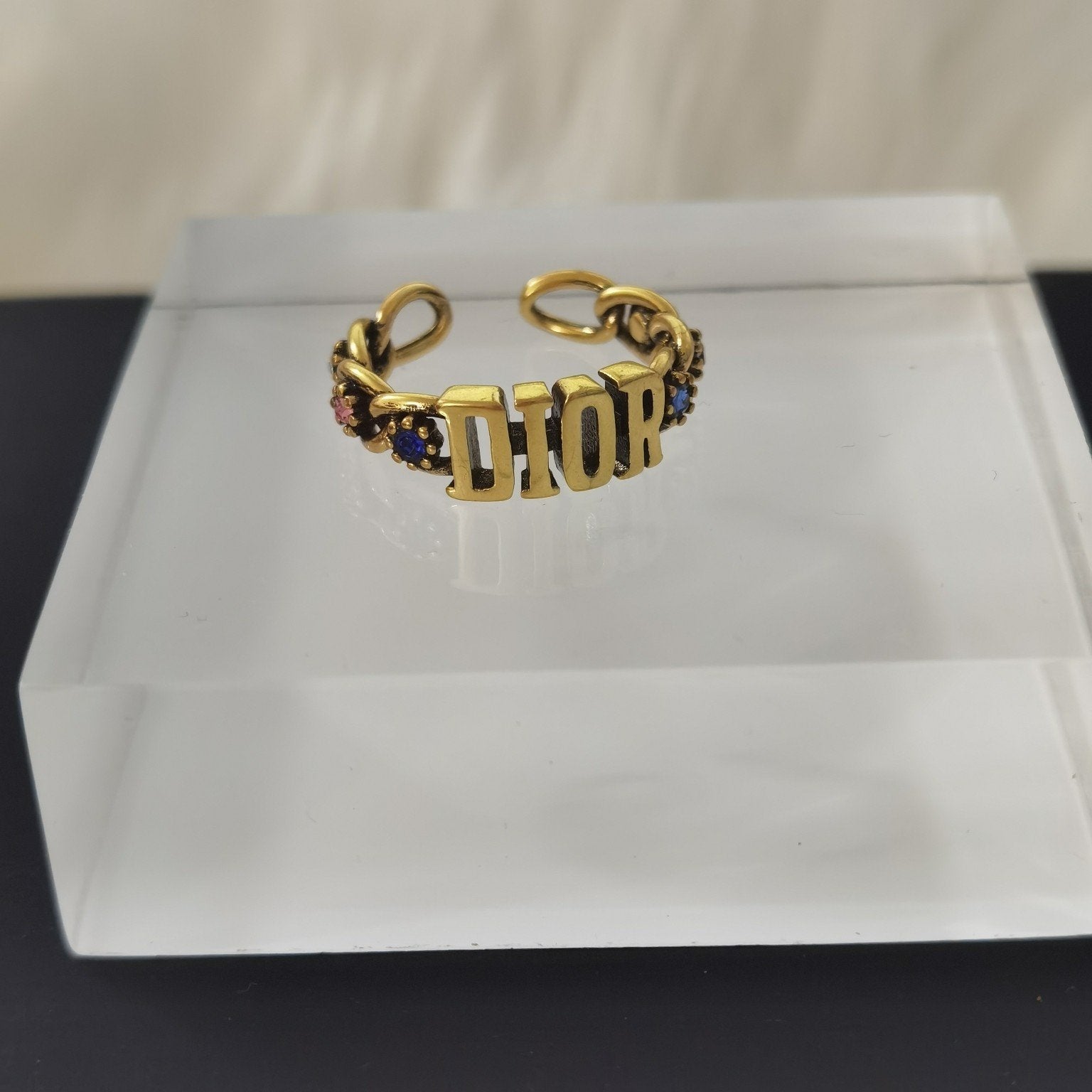 DIOR Letter Color Rhinestone Hollow Open Ring
