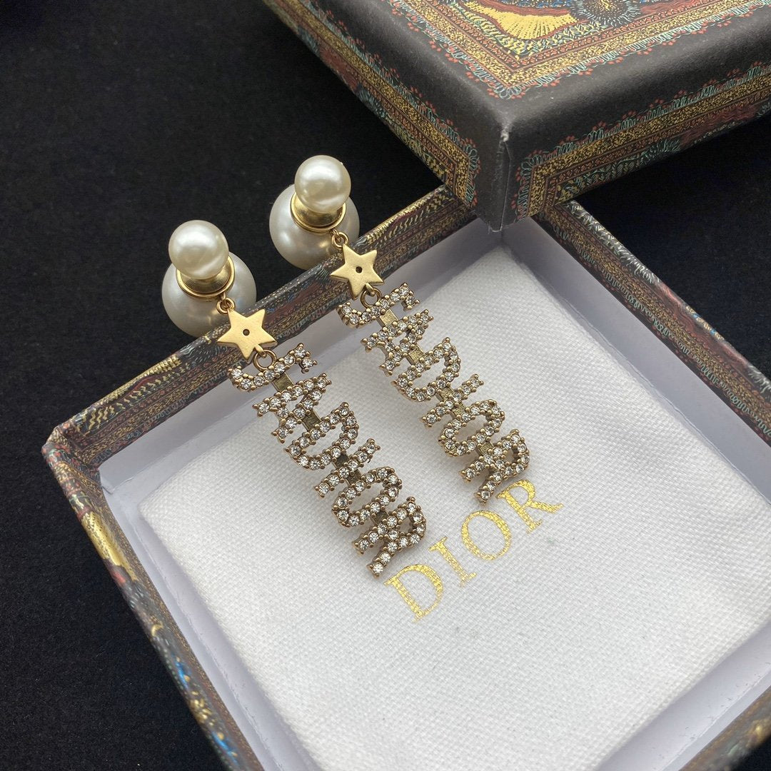 DIOR High-end Luxury Pearl Crystal Pendant Earrings