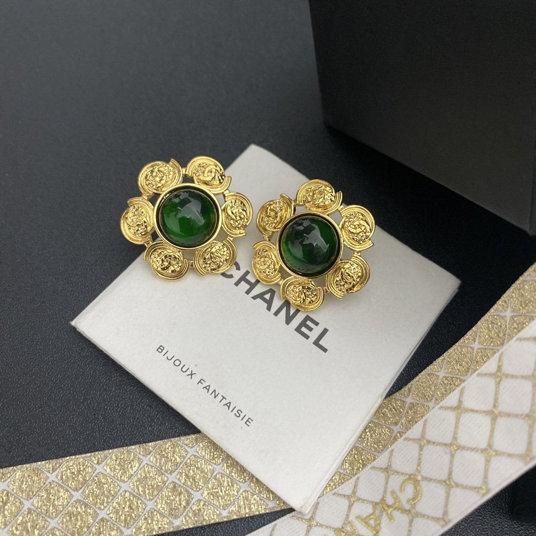 CHANEL Classic Carved Emerald Earrings