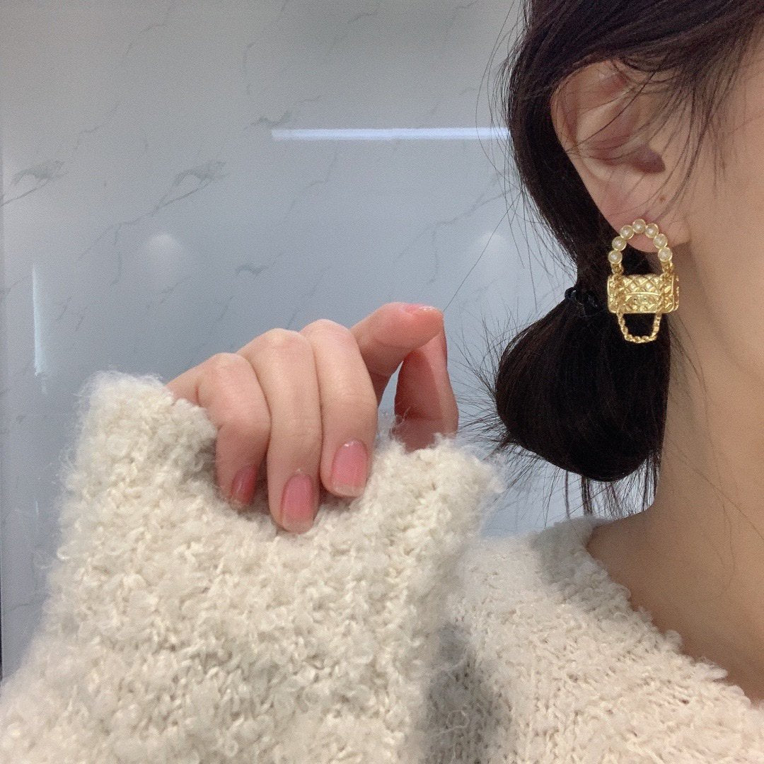 CHANEL Fashion Pearl Bag Pendant Earrings
