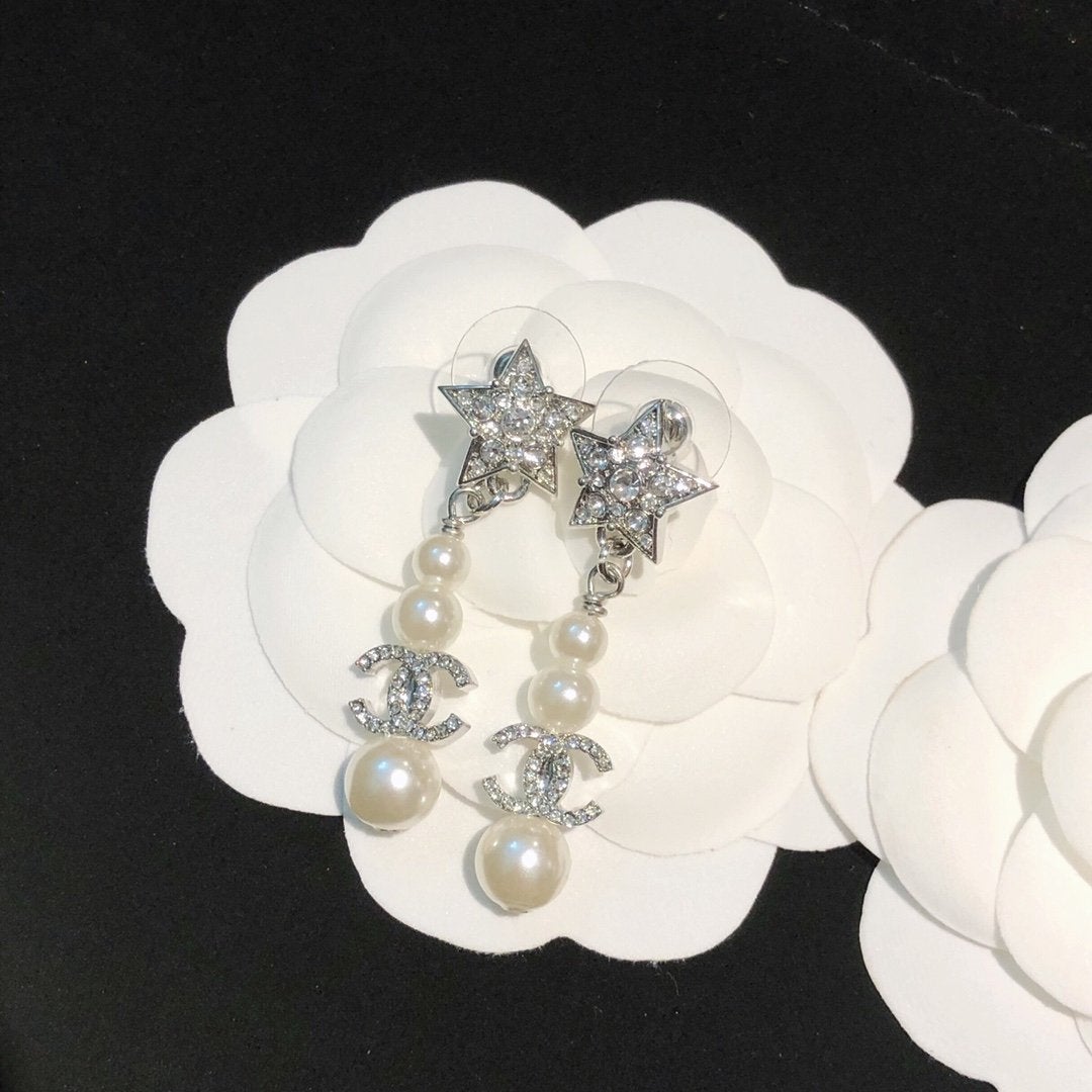 CHANEL Elegant Pearl Crystal Star Pendant Earrings