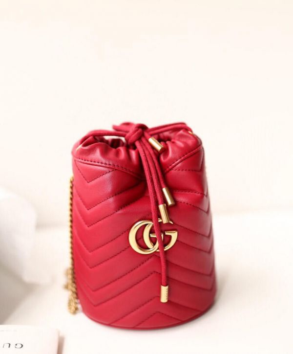 Gucci GG Marmont Double G Decoration Back Heart Detail Brass Strap Women Red Matelasse Chevron Leather Mini Buckle Bag