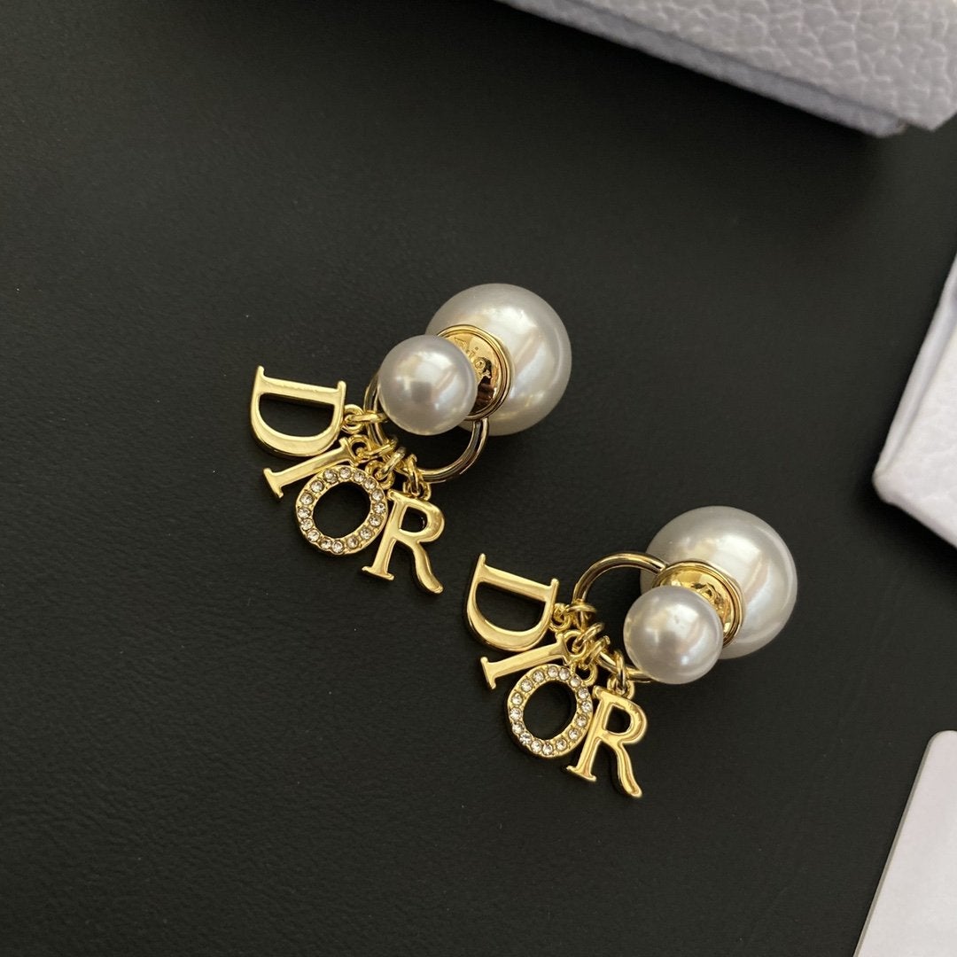 DIOR Fashion Pearl Rhinestone Letter Pendant Earrings